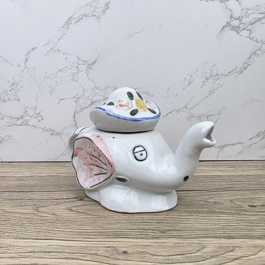 Antique Elephant Teapot White Ceramic Animal Folk Art Collectible Mid Century Tableware Figural