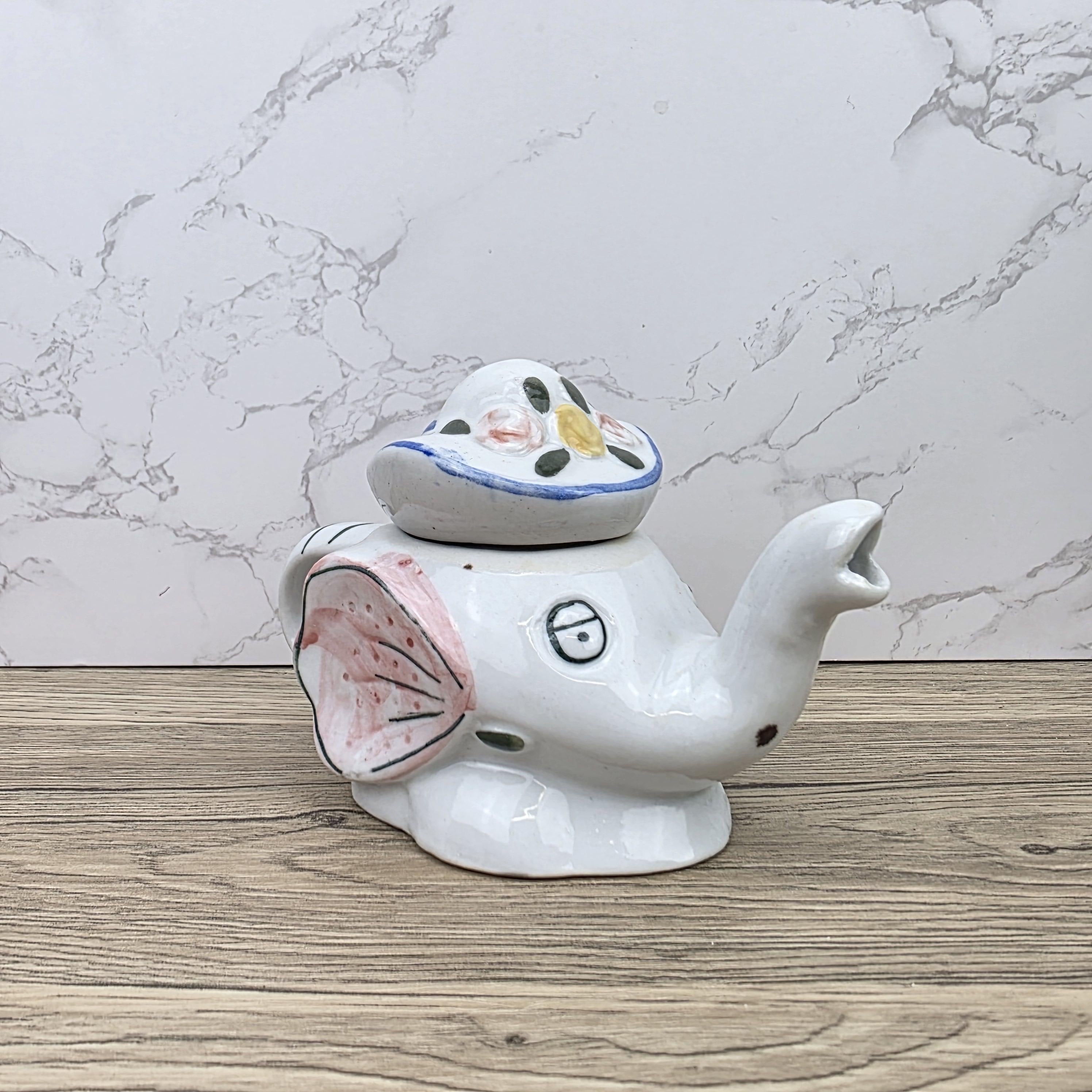 Antique Elephant Teapot White Ceramic Animal Folk Art Collectible Mid Century Tableware Figural