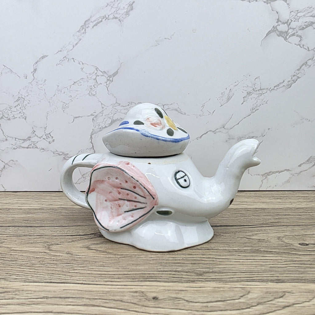 Antique Elephant Teapot White Ceramic Animal Folk Art Collectible Mid Century Tableware Figural