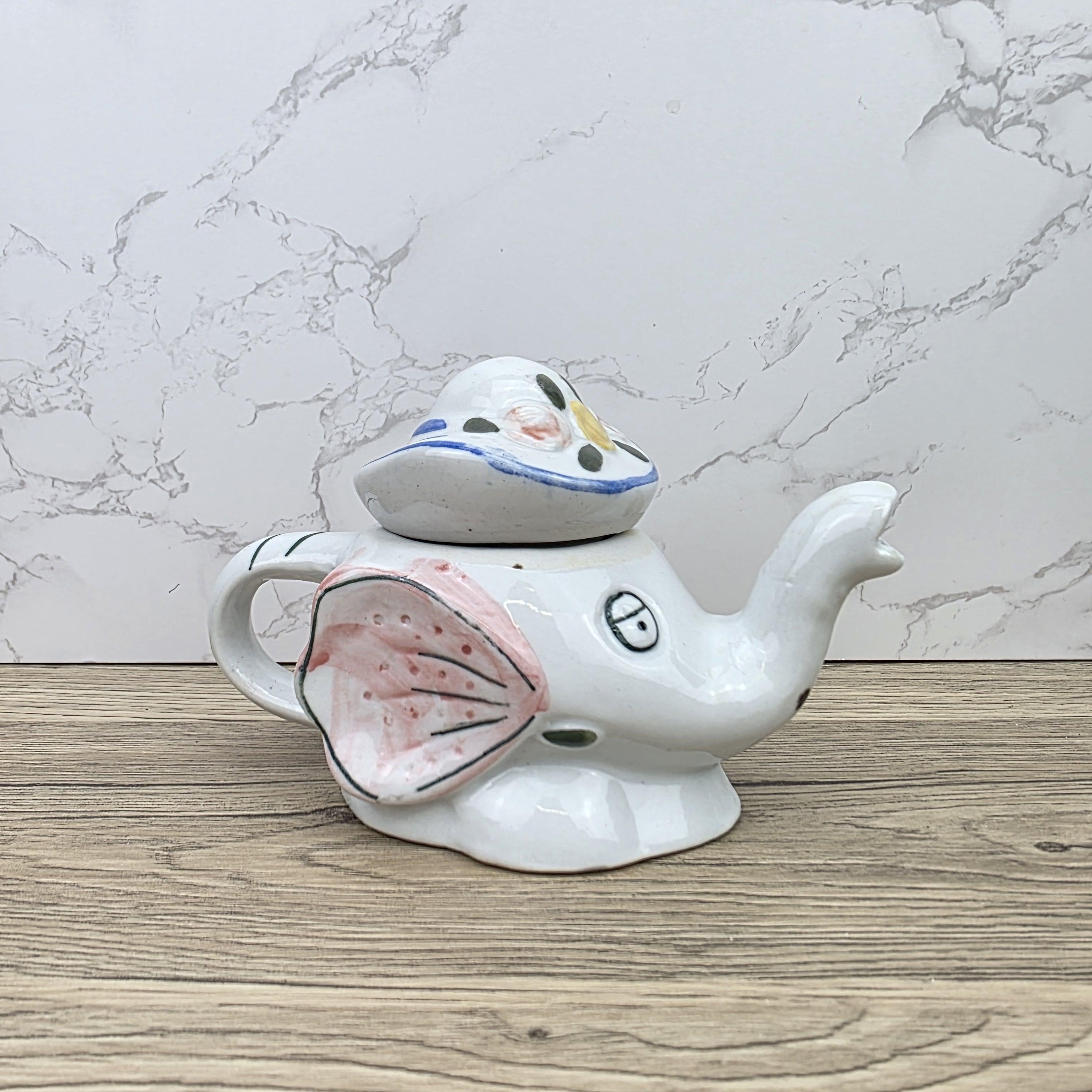 Antique Elephant Teapot White Ceramic Animal Folk Art Collectible Mid Century Tableware Figural