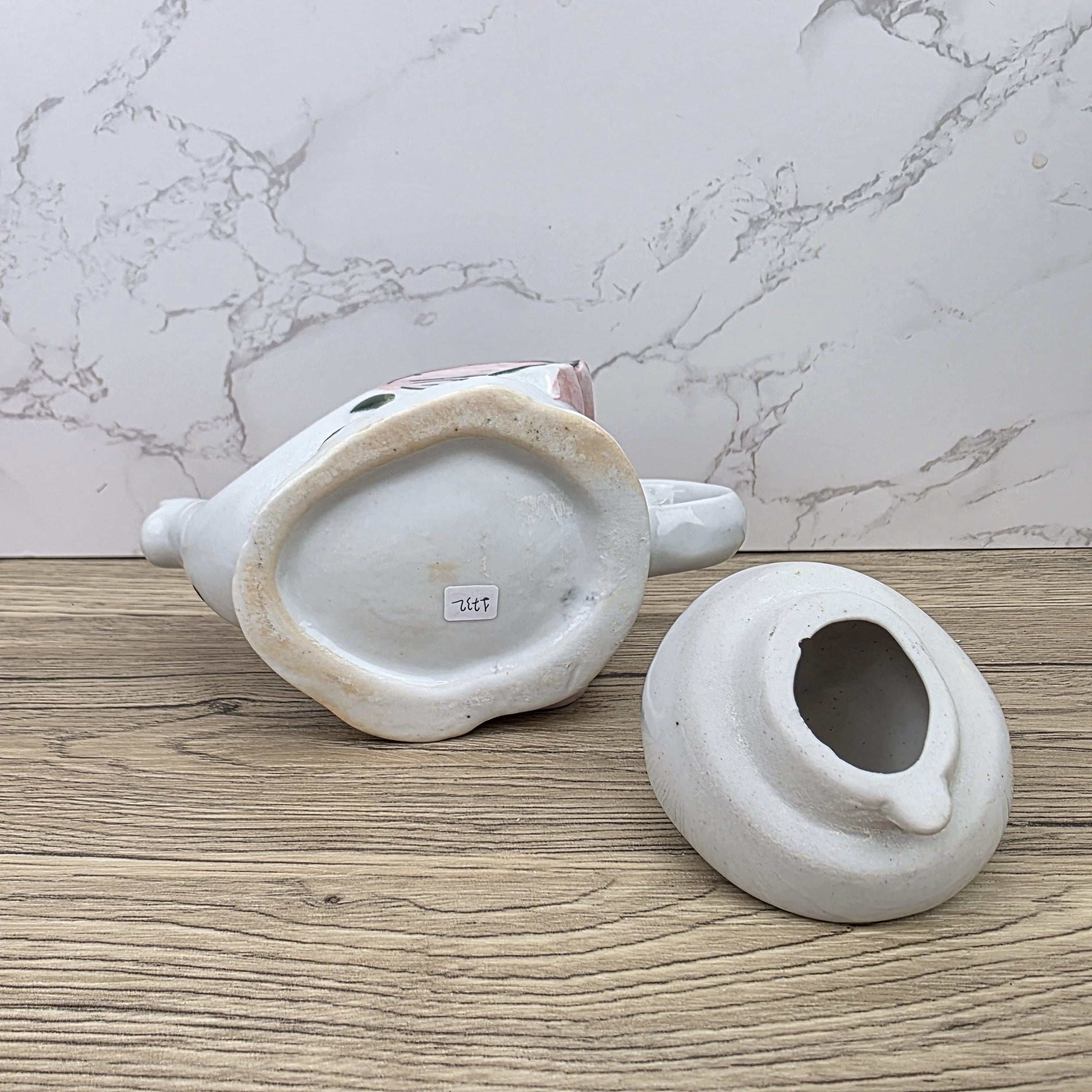 Antique Elephant Teapot White Ceramic Animal Folk Art Collectible Mid Century Tableware Figural
