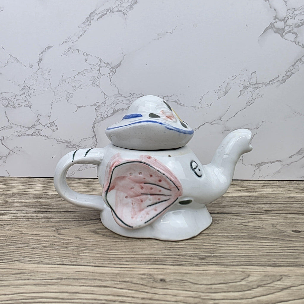 Antique Elephant Teapot White Ceramic Animal Folk Art Collectible Mid Century Tableware Figural
