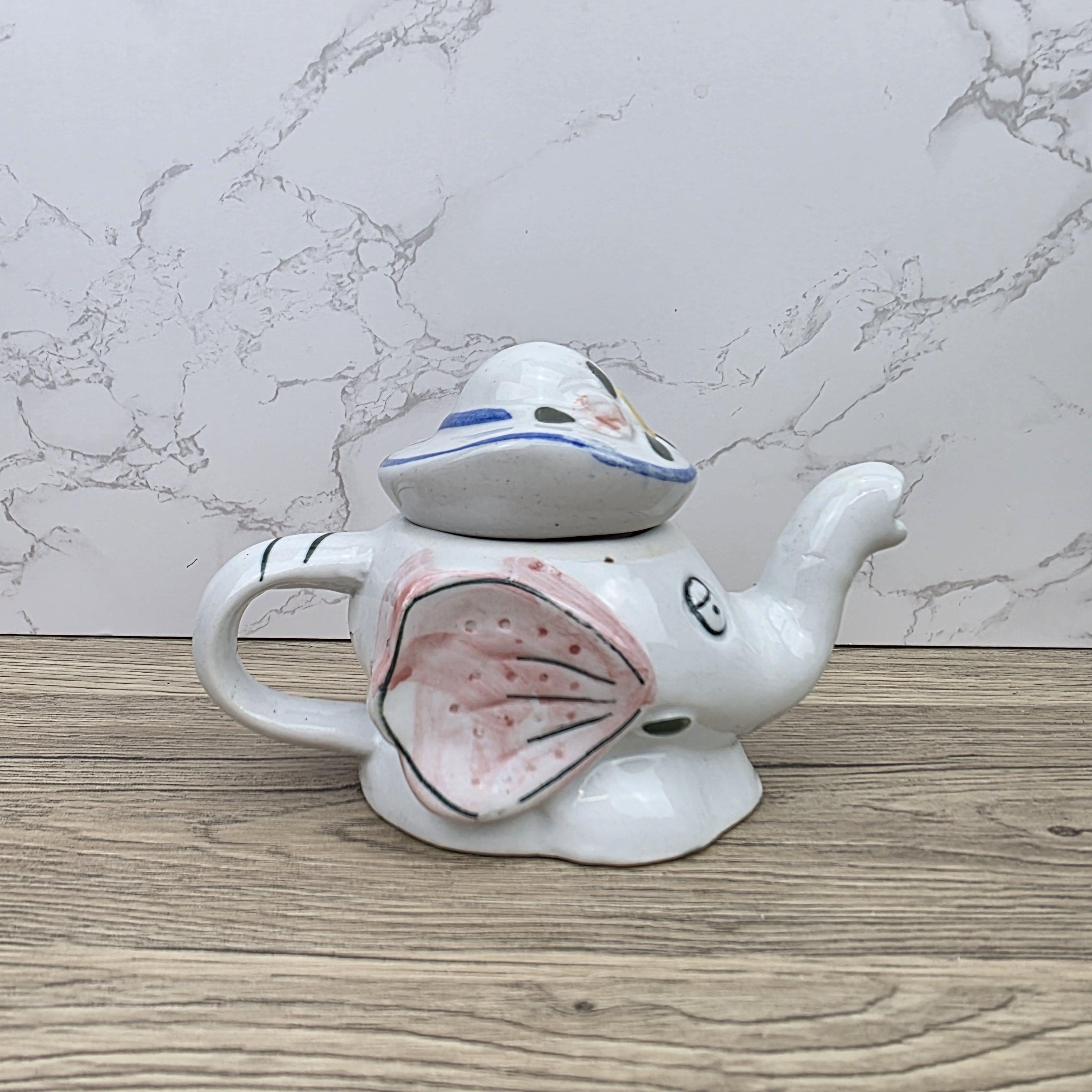 Antique Elephant Teapot White Ceramic Animal Folk Art Collectible Mid Century Tableware Figural