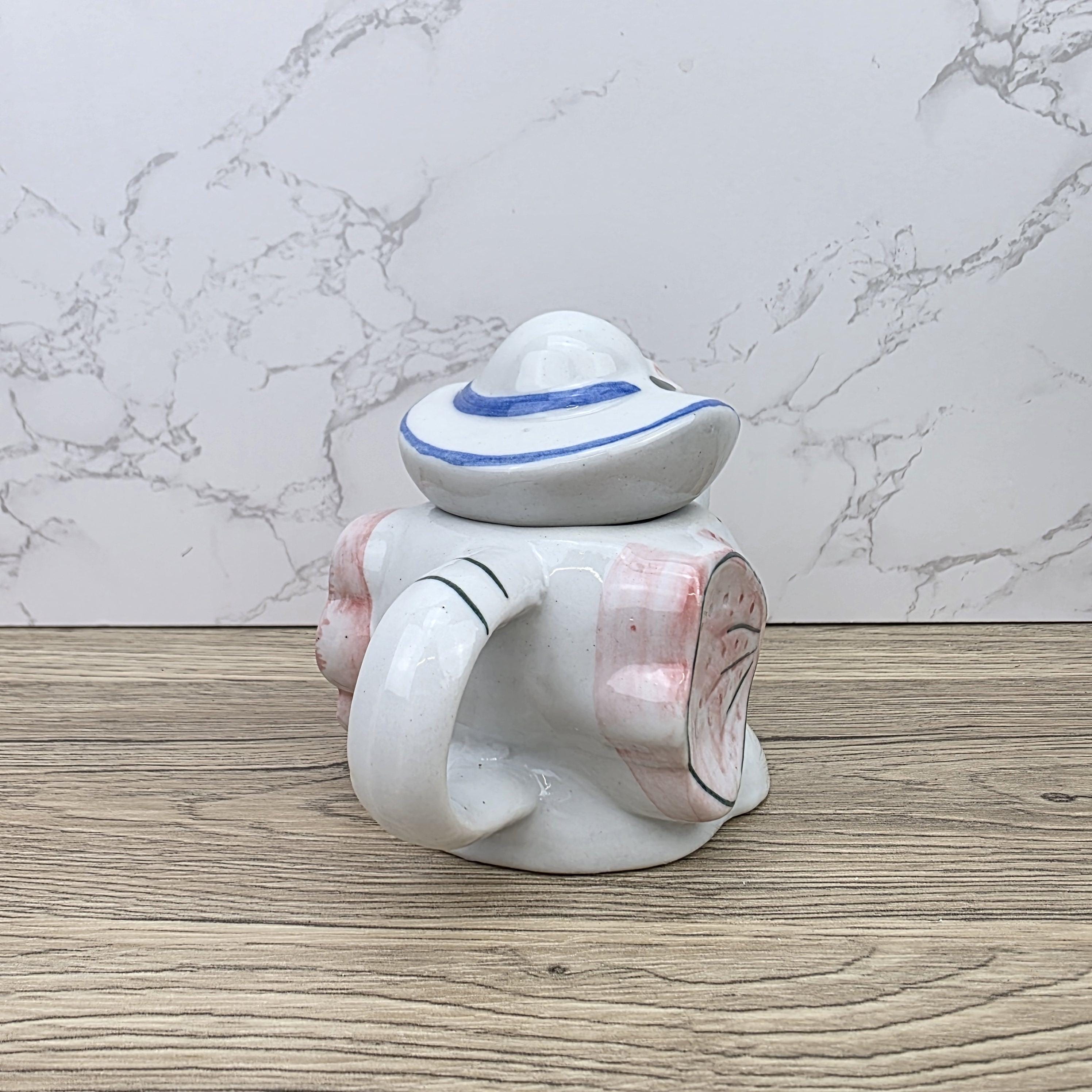Antique Elephant Teapot White Ceramic Animal Folk Art Collectible Mid Century Tableware Figural