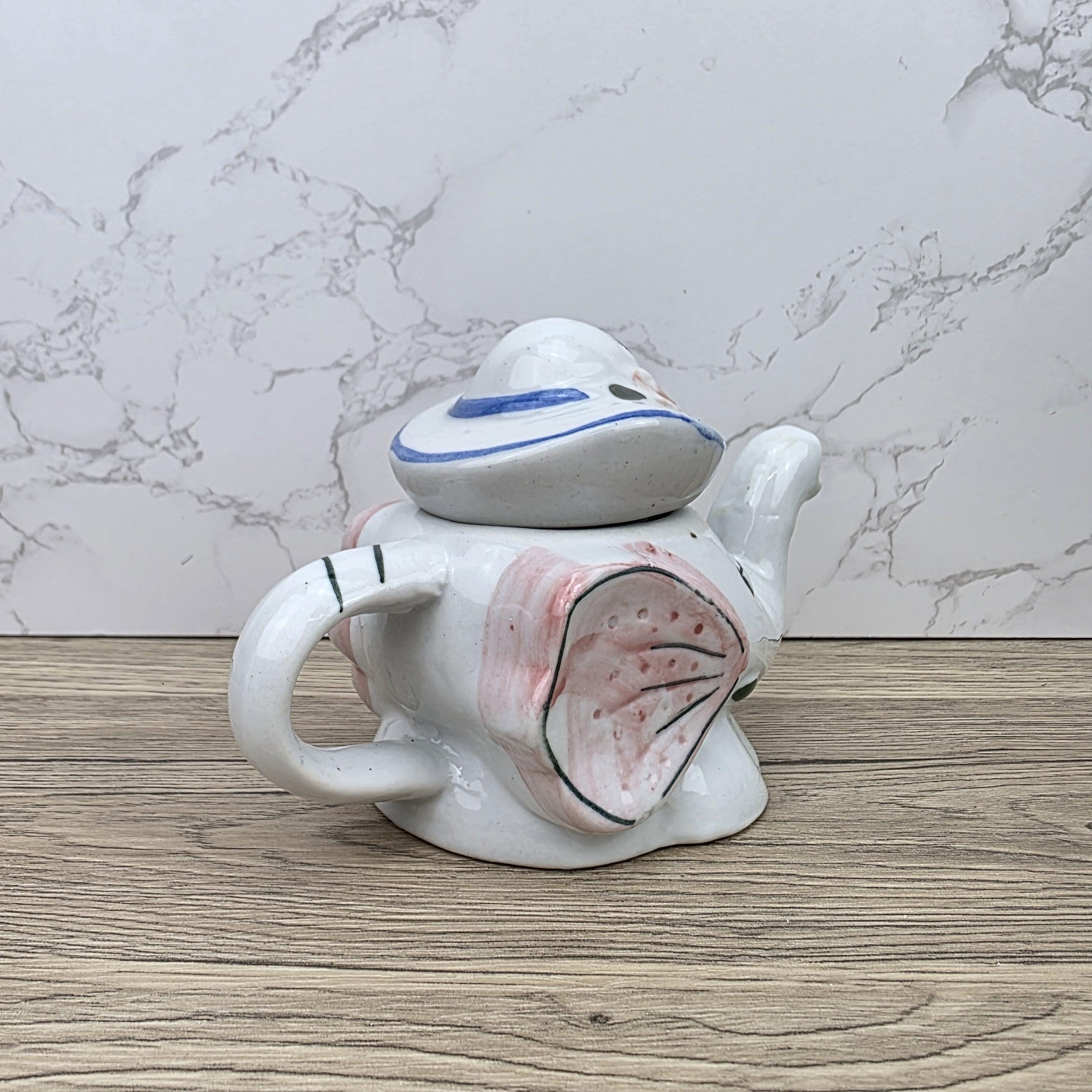Antique Elephant Teapot White Ceramic Animal Folk Art Collectible Mid Century Tableware Figural