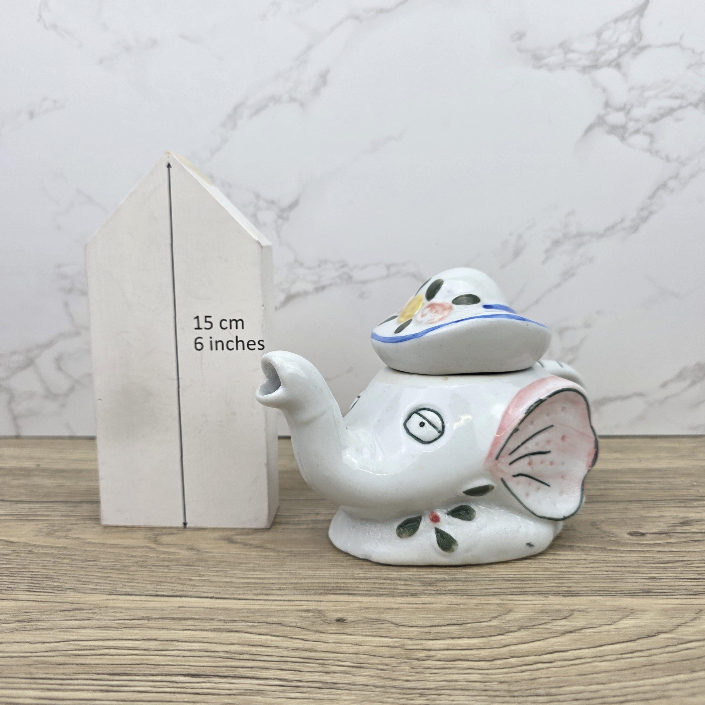 Antique Elephant Teapot White Ceramic Animal Folk Art Collectible Mid Century Tableware Figural