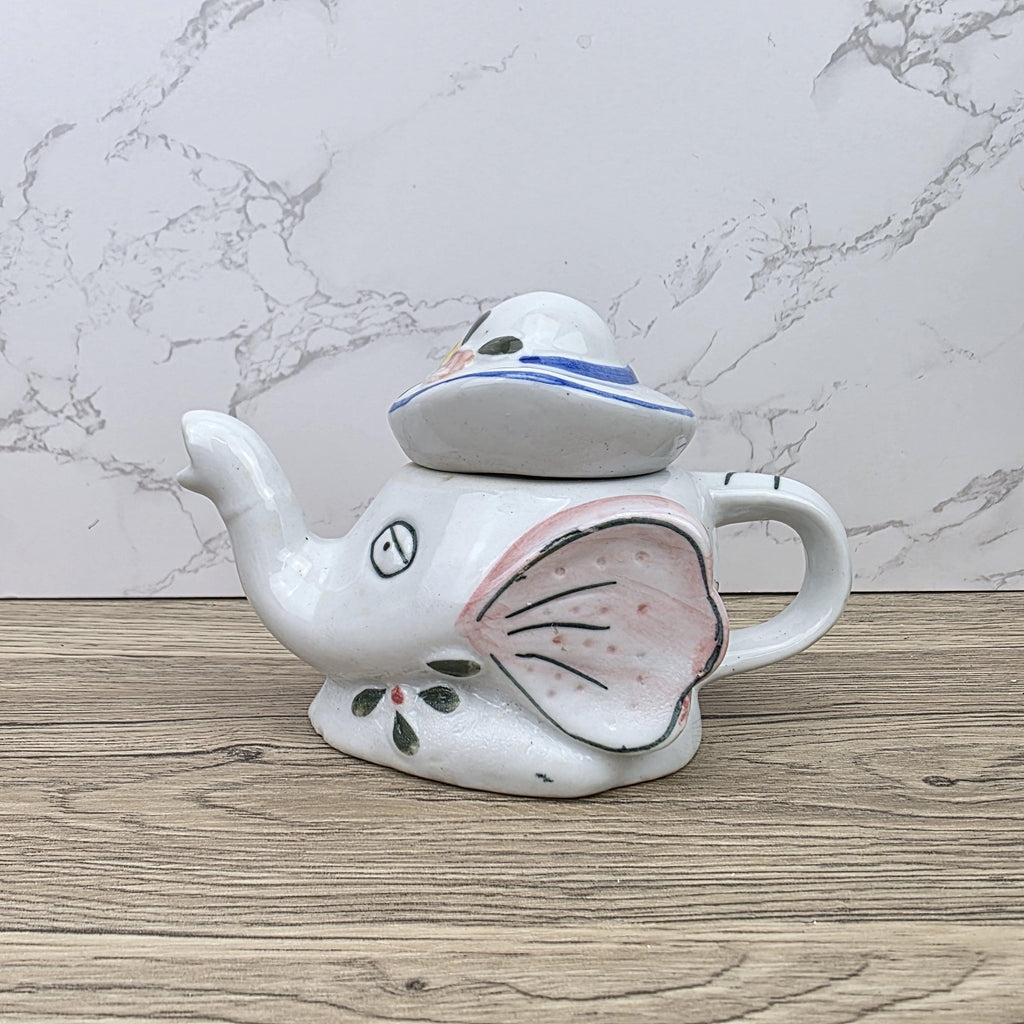 Antique Elephant Teapot White Ceramic Animal Folk Art Collectible Mid Century Tableware Figural