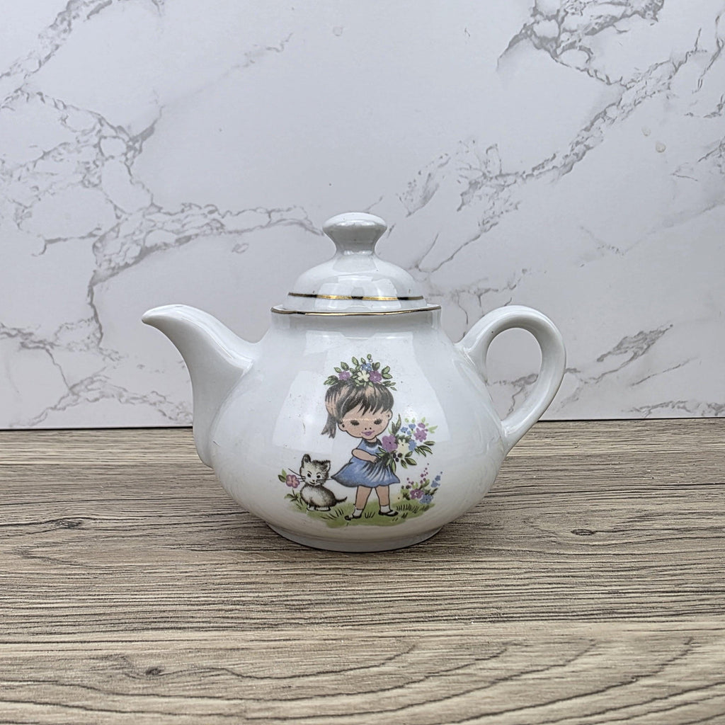 Ceramic Teapot with Child Motif Antique White Folk Art Collectible Mid Century Decorative Tableware