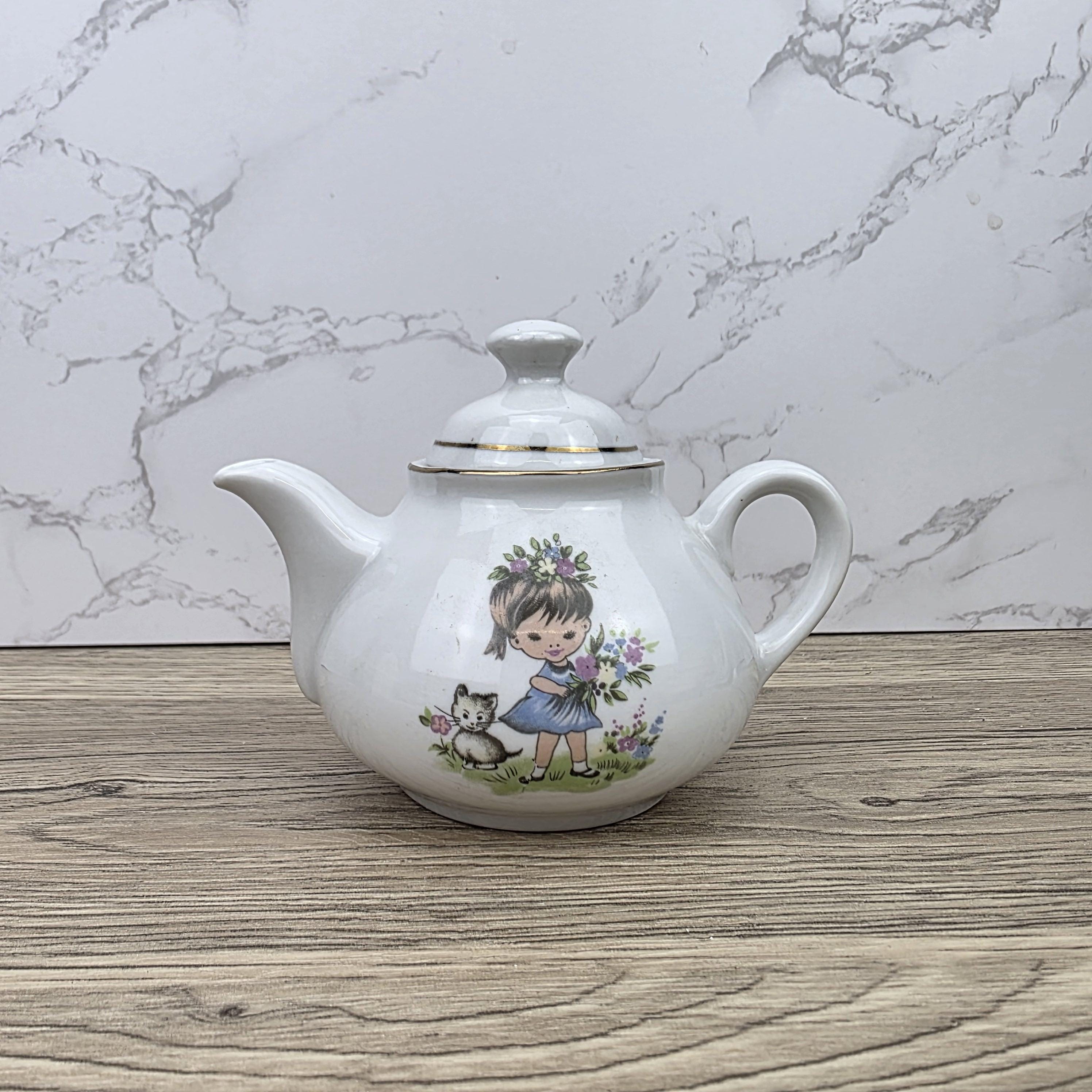 Ceramic Teapot with Child Motif Antique White Folk Art Collectible Mid Century Decorative Tableware