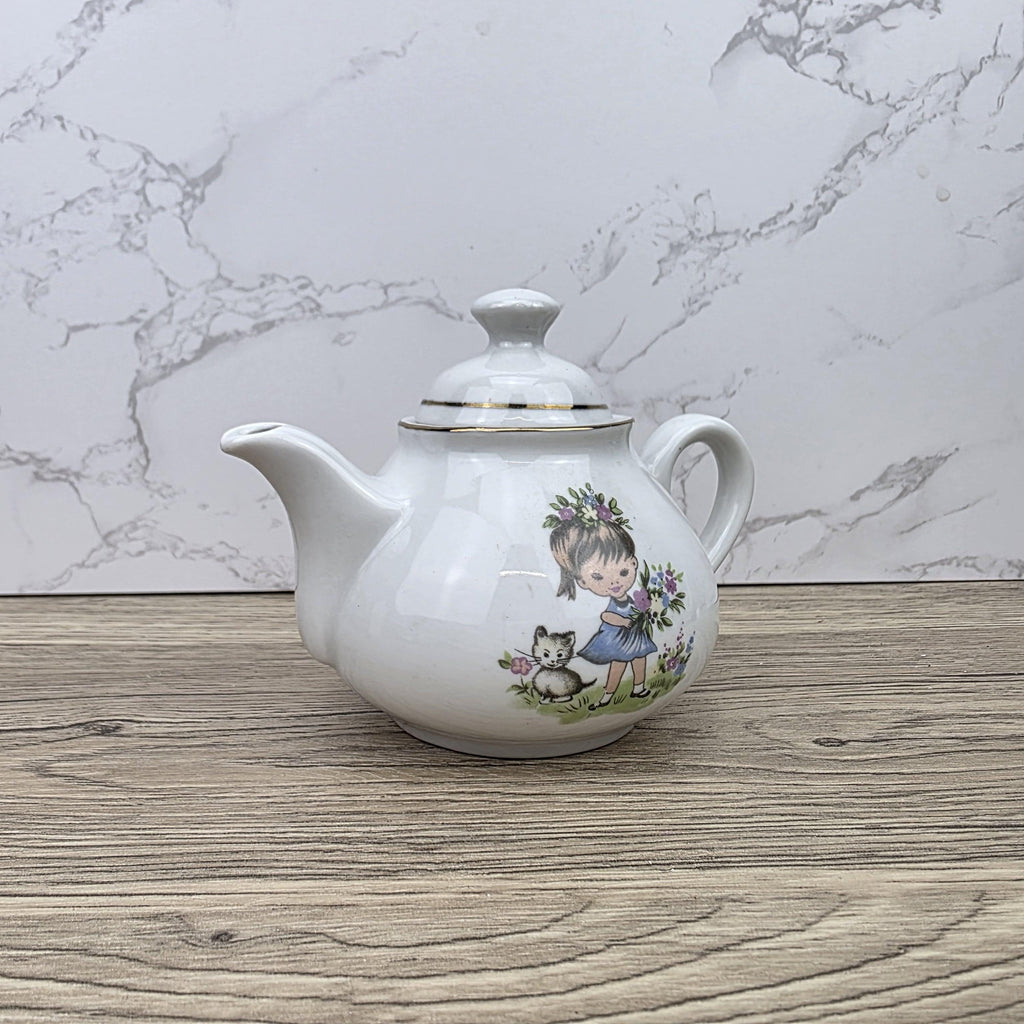Ceramic Teapot with Child Motif Antique White Folk Art Collectible Mid Century Decorative Tableware