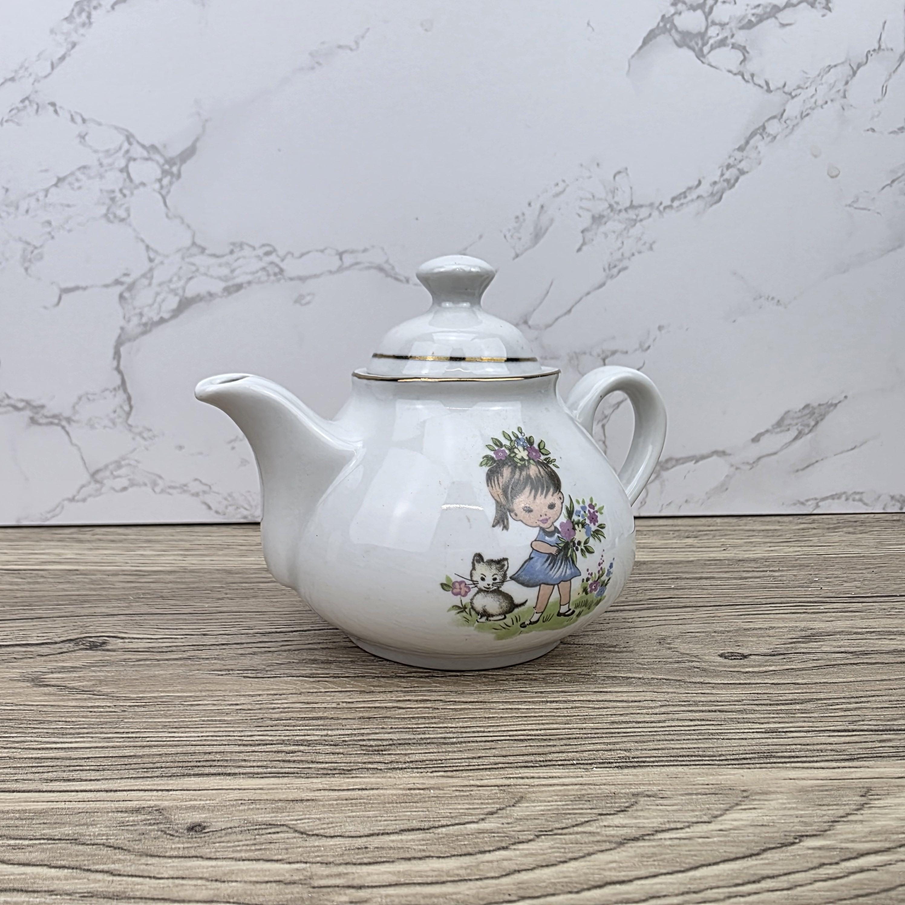 Ceramic Teapot with Child Motif Antique White Folk Art Collectible Mid Century Decorative Tableware