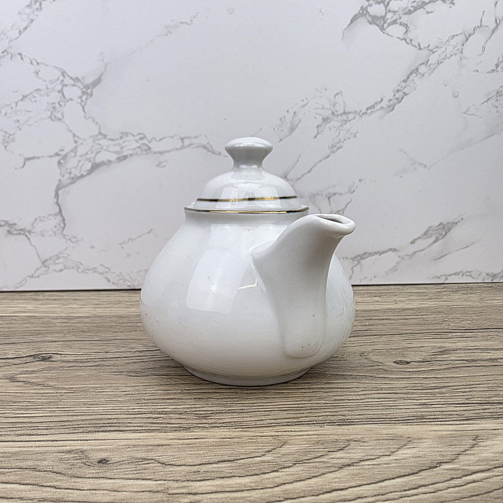Ceramic Teapot with Child Motif Antique White Folk Art Collectible Mid Century Decorative Tableware