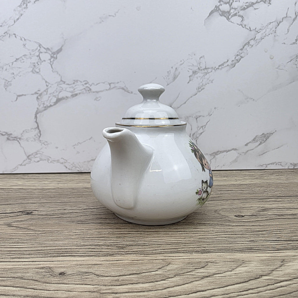 Ceramic Teapot with Child Motif Antique White Folk Art Collectible Mid Century Decorative Tableware