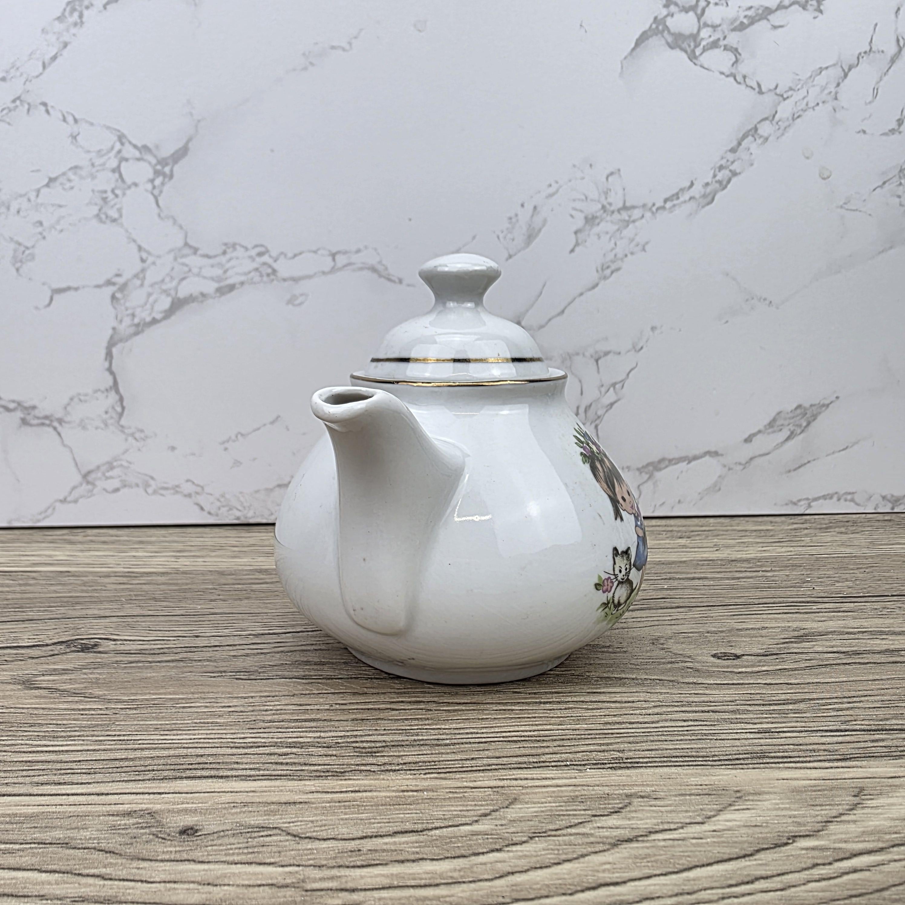 Ceramic Teapot with Child Motif Antique White Folk Art Collectible Mid Century Decorative Tableware