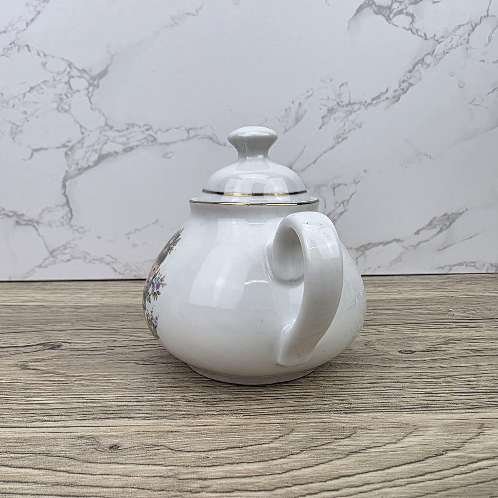 Ceramic Teapot with Child Motif Antique White Folk Art Collectible Mid Century Decorative Tableware