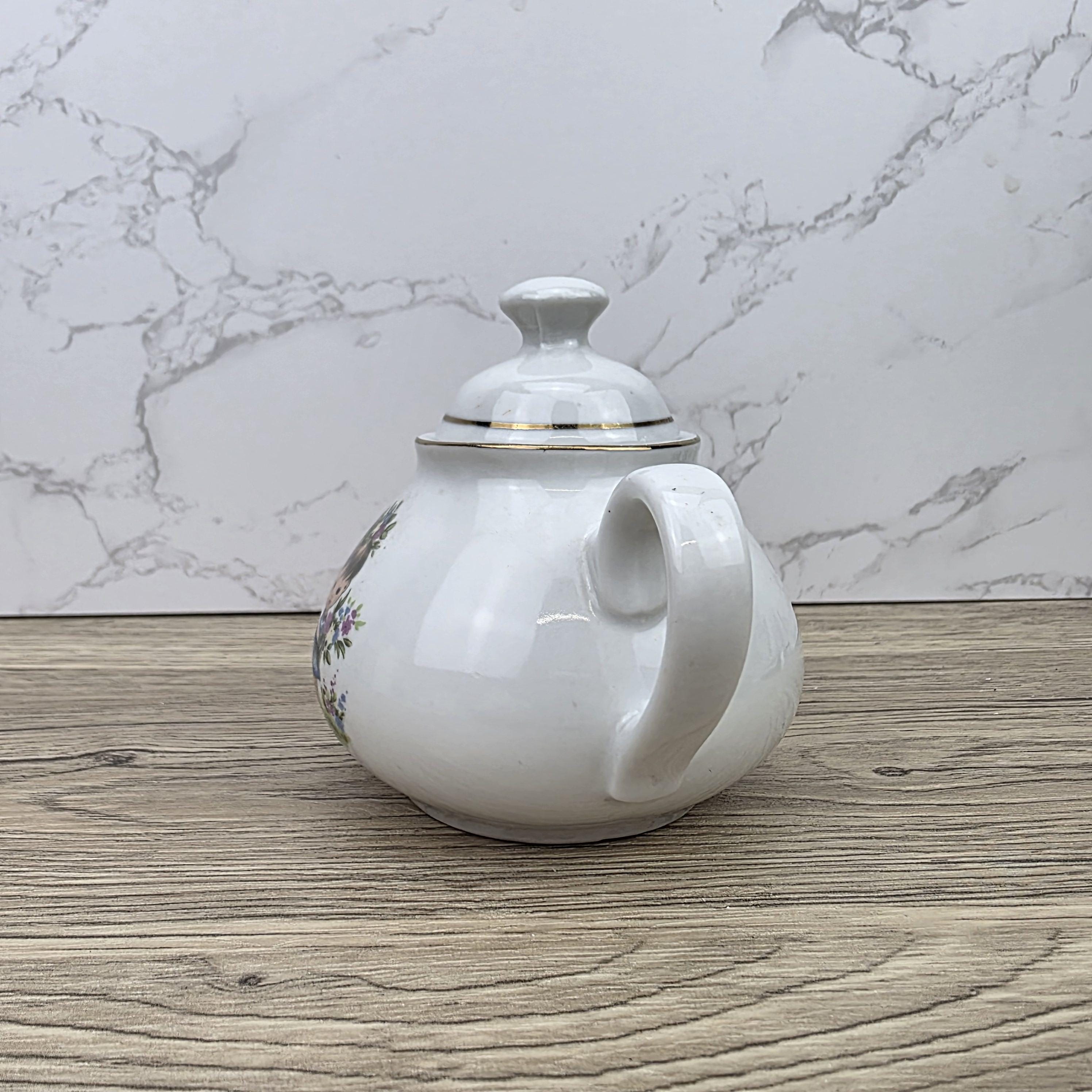 Ceramic Teapot with Child Motif Antique White Folk Art Collectible Mid Century Decorative Tableware
