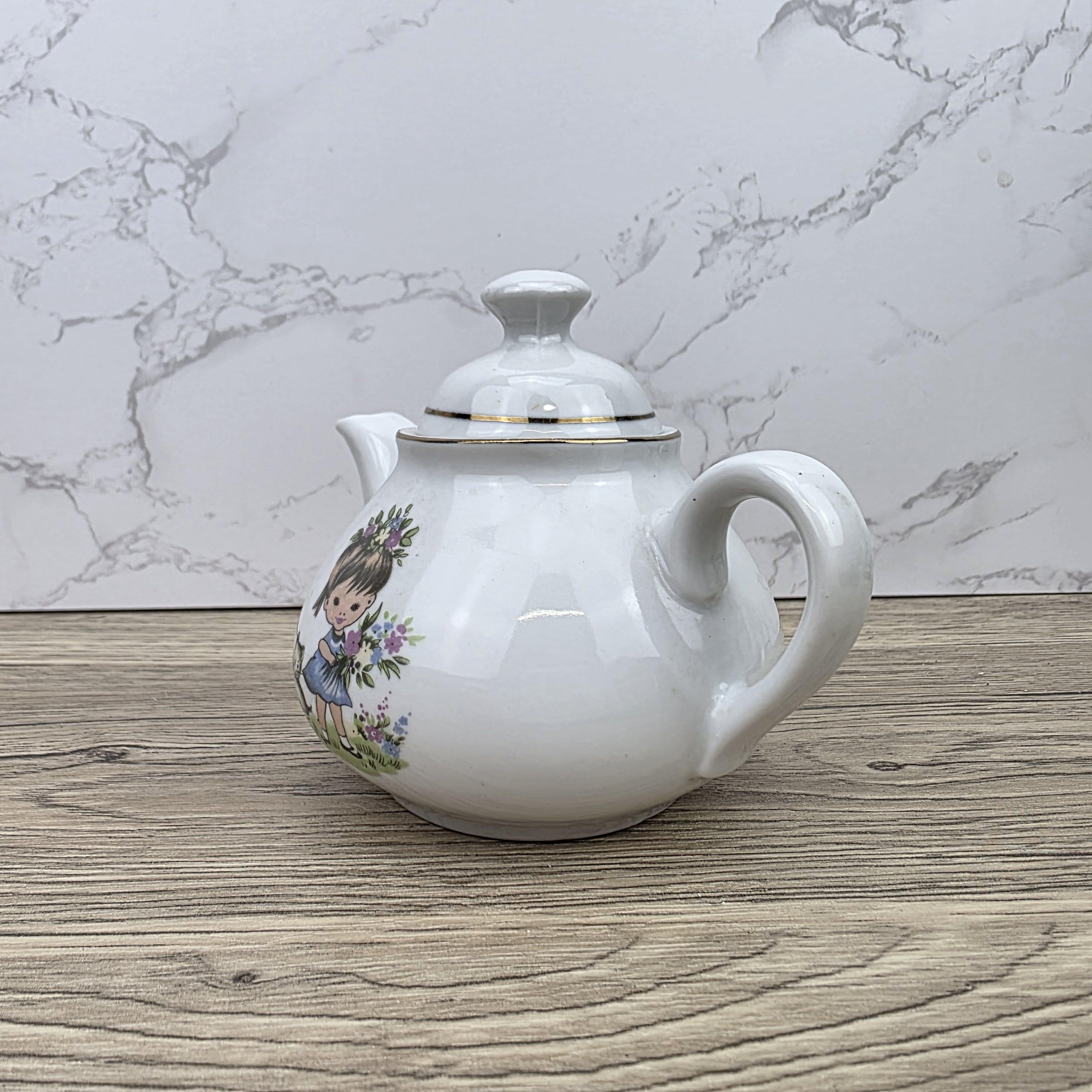 Ceramic Teapot with Child Motif Antique White Folk Art Collectible Mid Century Decorative Tableware