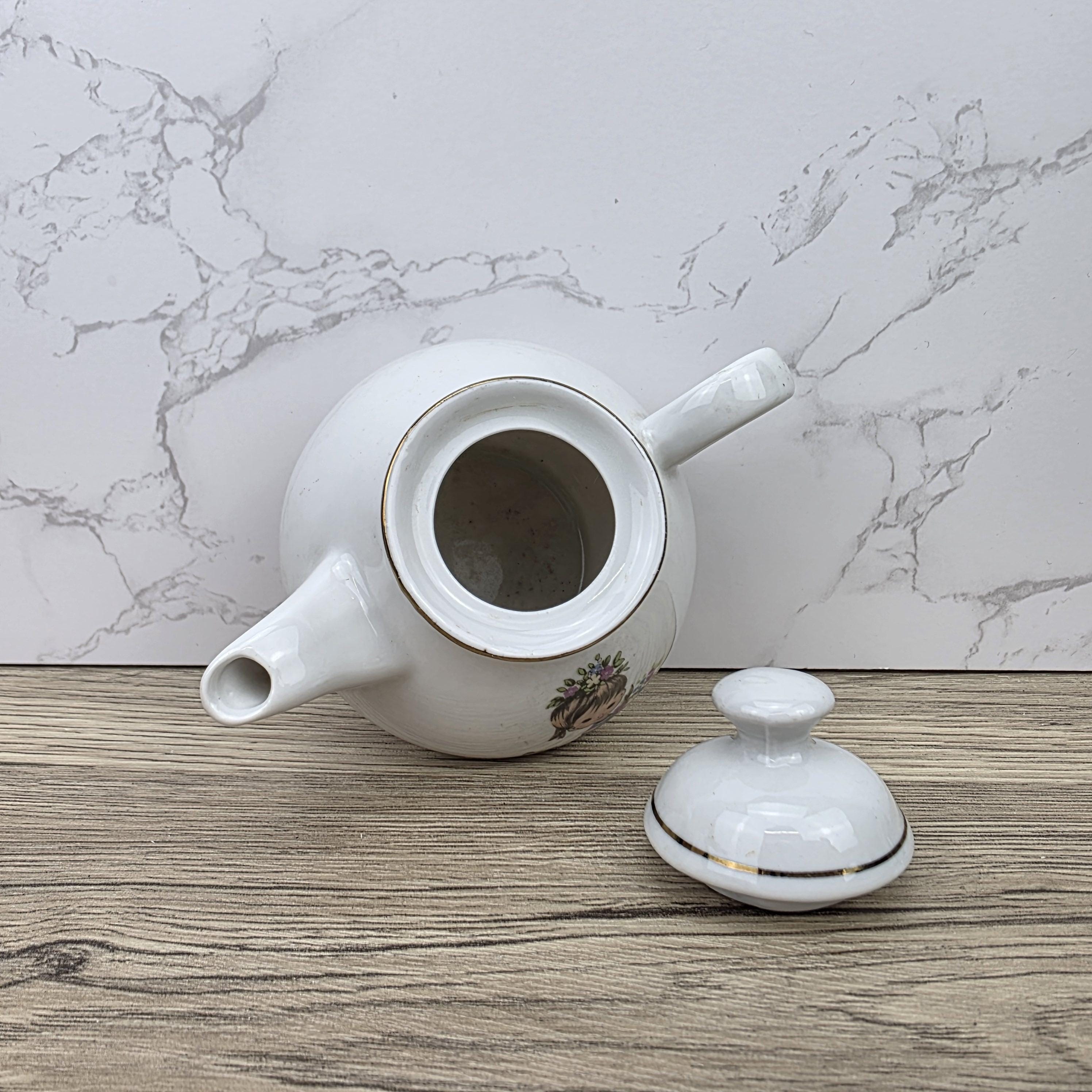 Ceramic Teapot with Child Motif Antique White Folk Art Collectible Mid Century Decorative Tableware