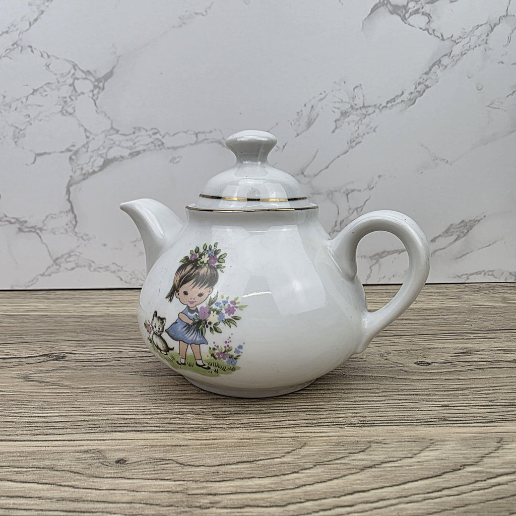 Ceramic Teapot with Child Motif Antique White Folk Art Collectible Mid Century Decorative Tableware