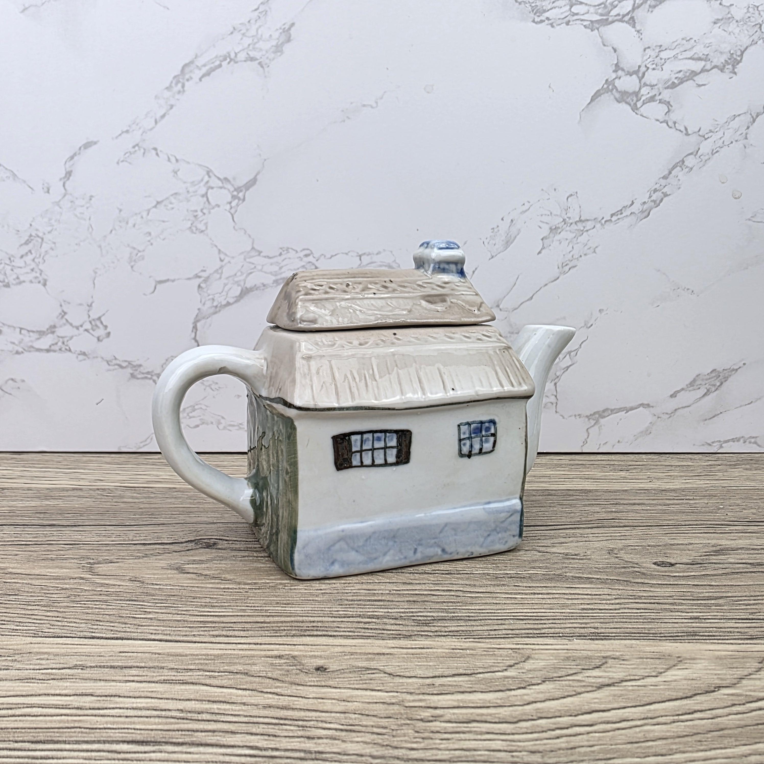 Antique Cottage House Teapot Hand Painted Ceramic Folk Art Novelty English Country Tableware Collectible