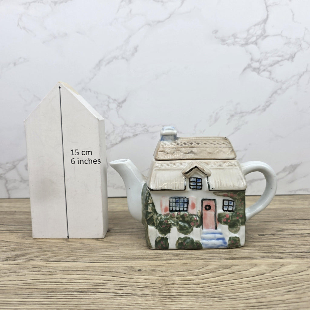 Antique Cottage House Teapot Hand Painted Ceramic Folk Art Novelty English Country Tableware Collectible