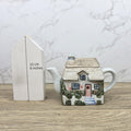 Antique Cottage House Teapot Hand Painted Ceramic Folk Art Novelty English Country Tableware Collectible