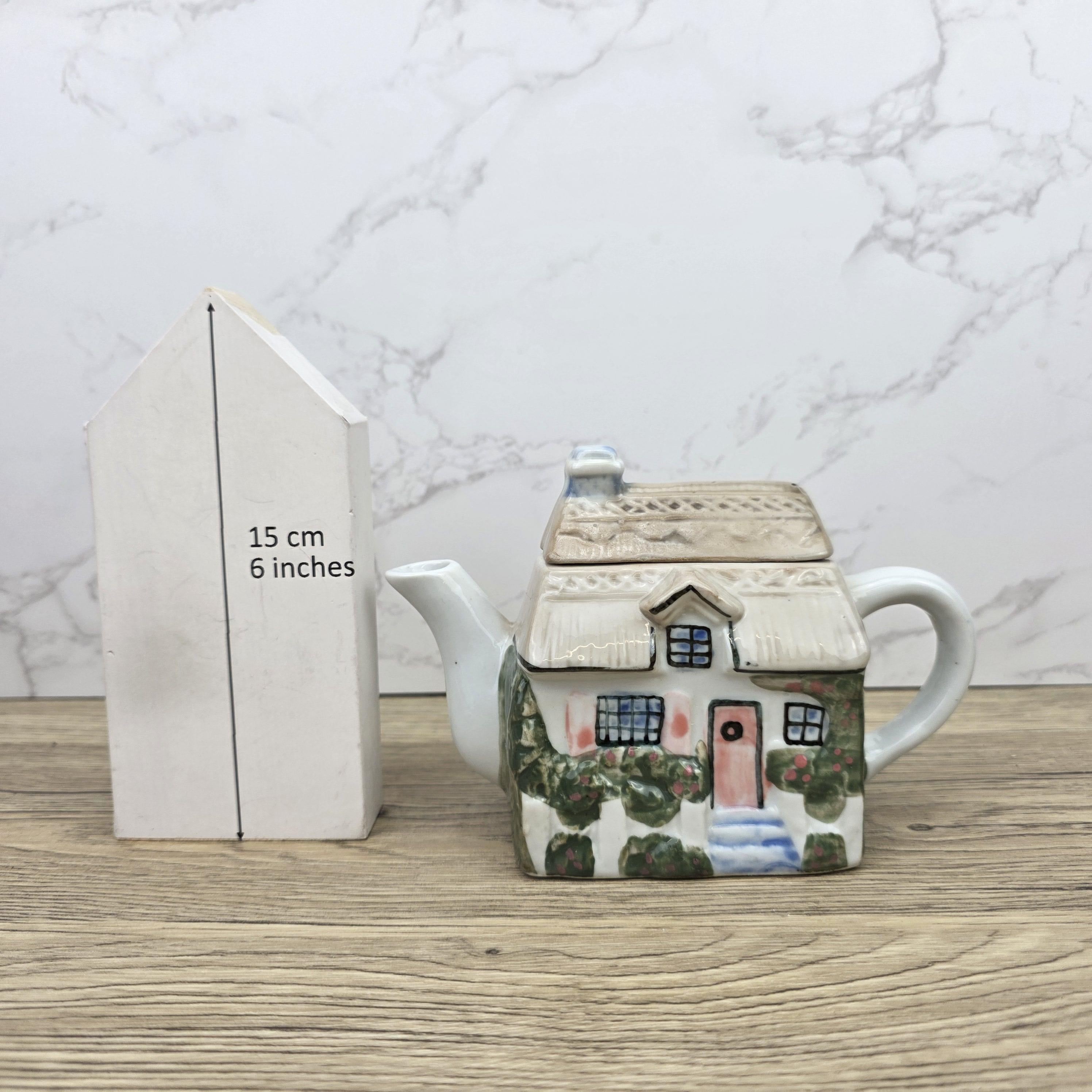 Antique Cottage House Teapot Hand Painted Ceramic Folk Art Novelty English Country Tableware Collectible