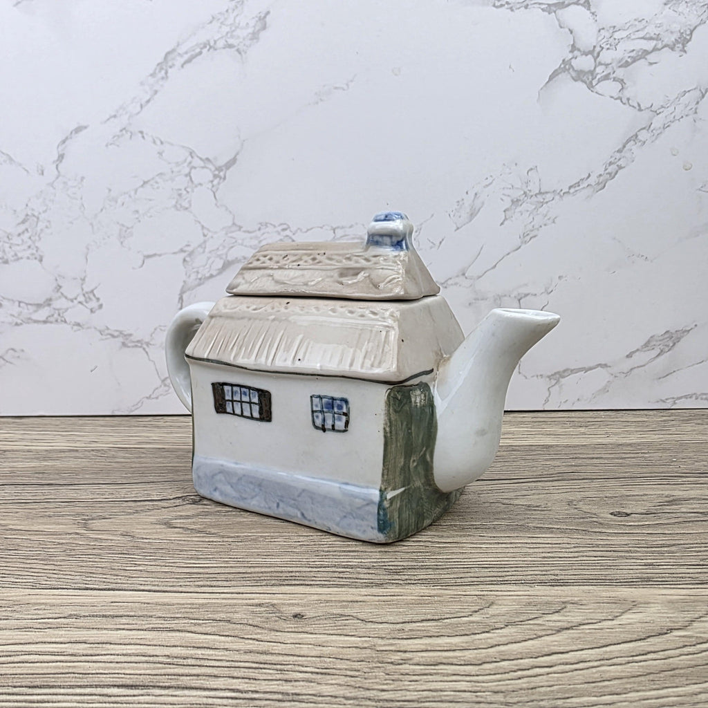 Antique Cottage House Teapot Hand Painted Ceramic Folk Art Novelty English Country Tableware Collectible