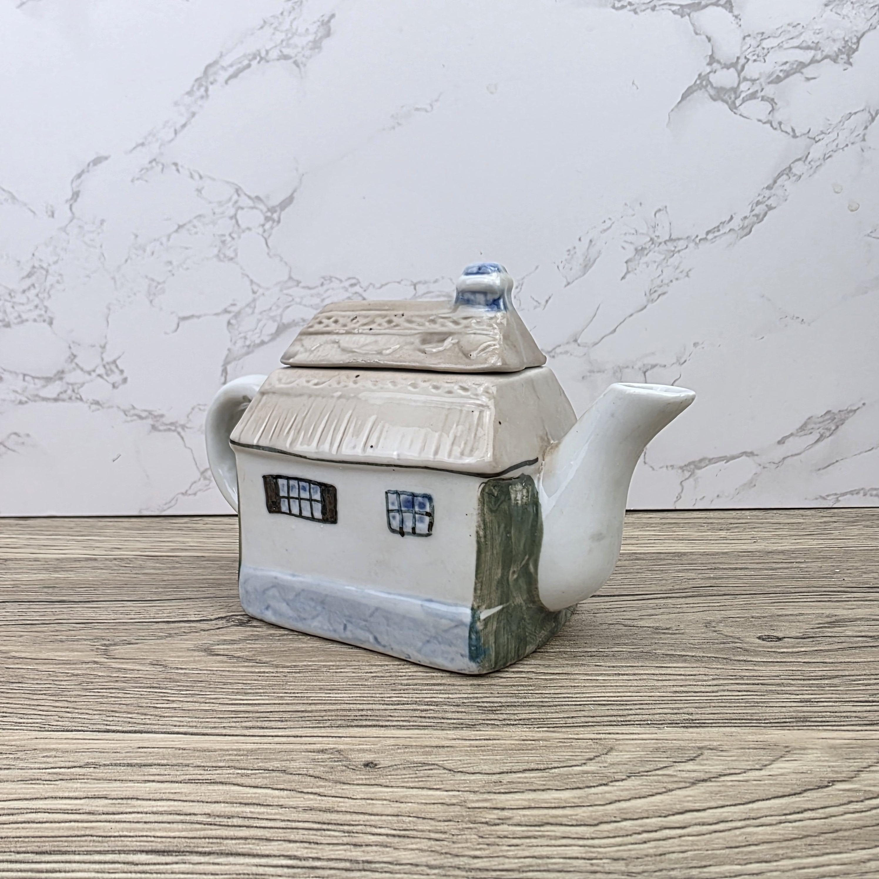 Antique Cottage House Teapot Hand Painted Ceramic Folk Art Novelty English Country Tableware Collectible