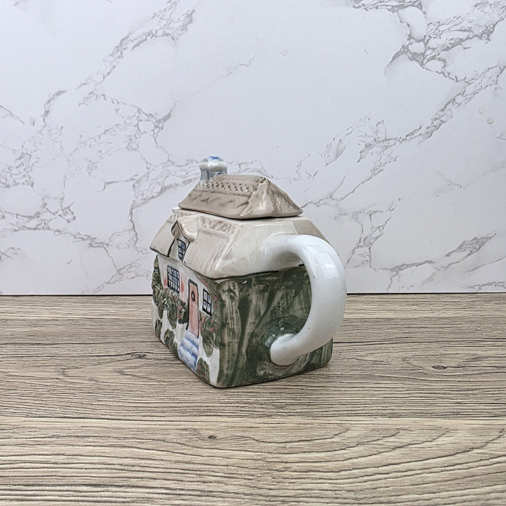 Antique Cottage House Teapot Hand Painted Ceramic Folk Art Novelty English Country Tableware Collectible