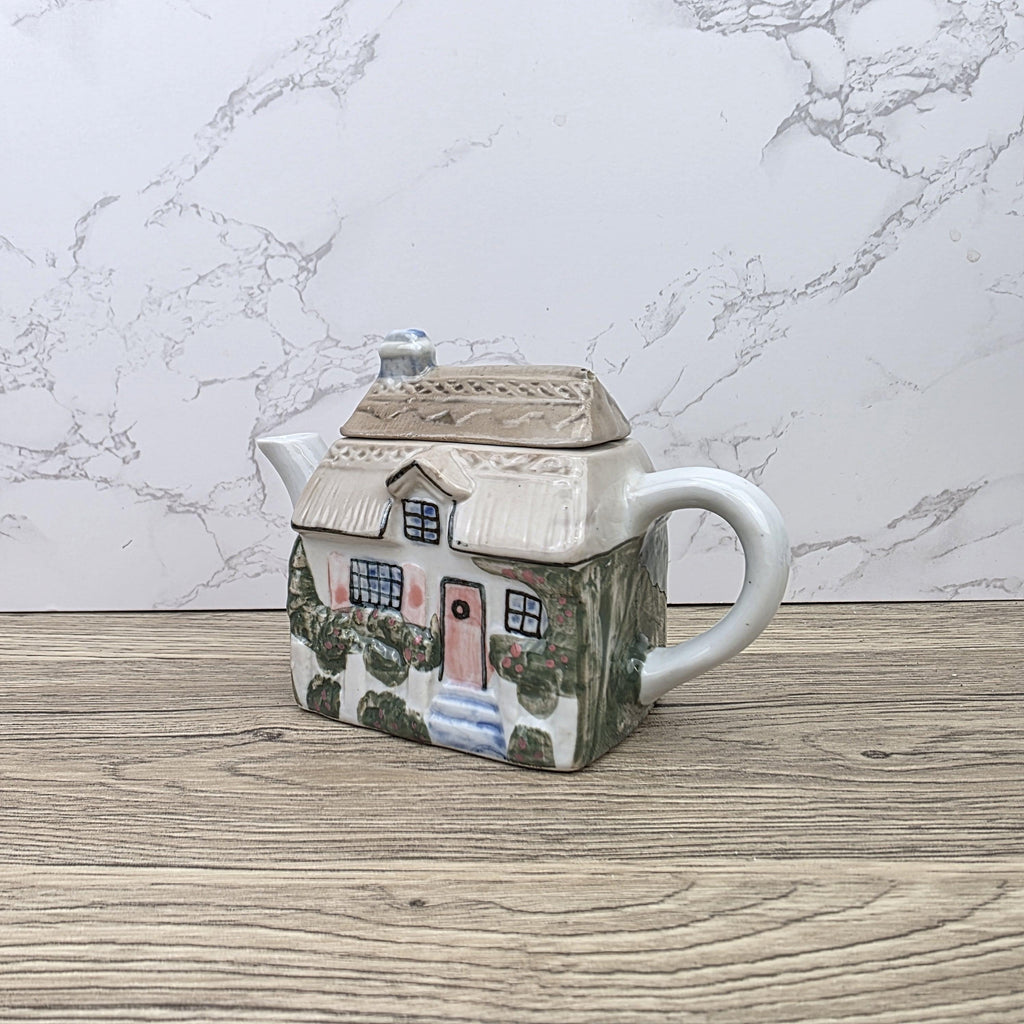 Antique Cottage House Teapot Hand Painted Ceramic Folk Art Novelty English Country Tableware Collectible