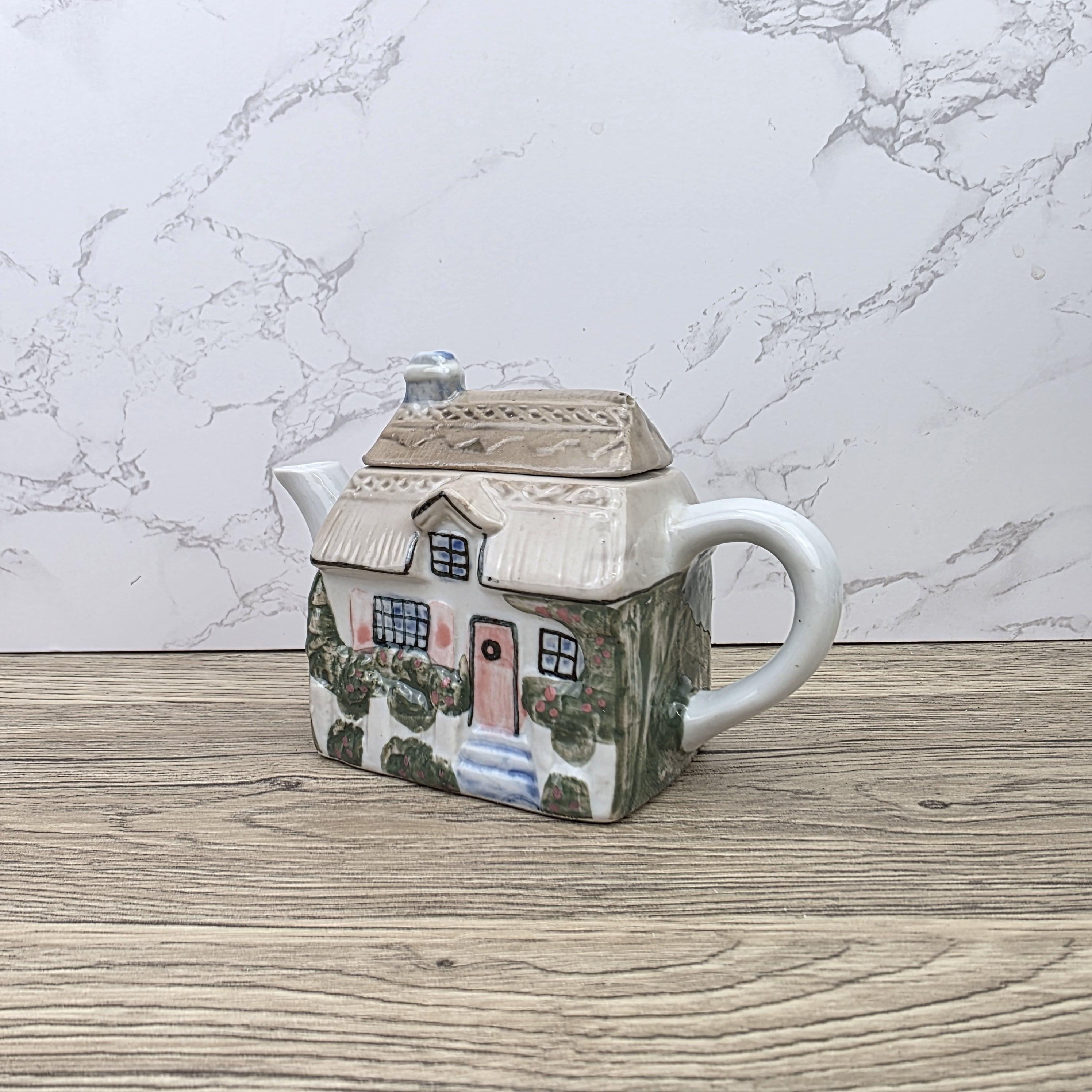 Antique Cottage House Teapot Hand Painted Ceramic Folk Art Novelty English Country Tableware Collectible