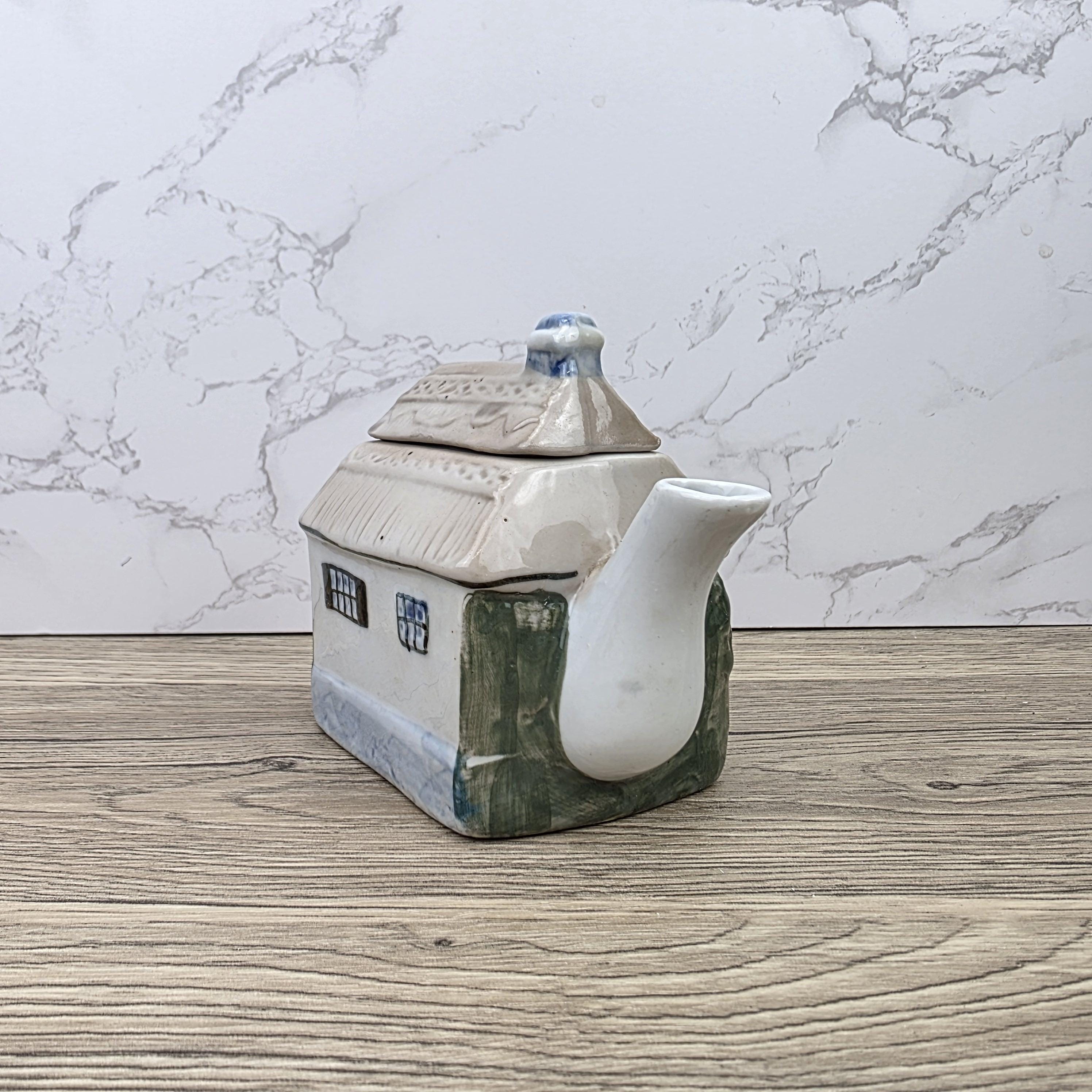 Antique Cottage House Teapot Hand Painted Ceramic Folk Art Novelty English Country Tableware Collectible
