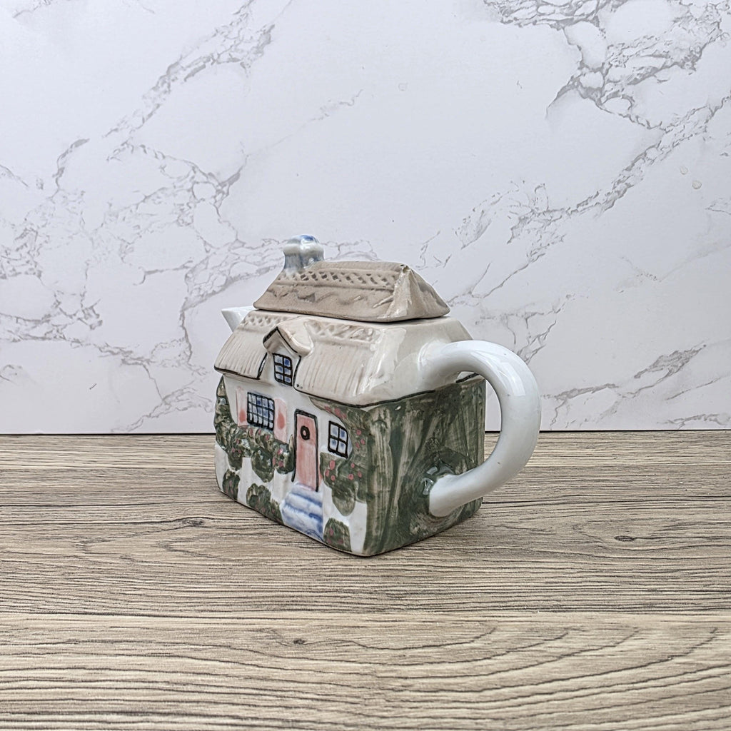 Antique Cottage House Teapot Hand Painted Ceramic Folk Art Novelty English Country Tableware Collectible
