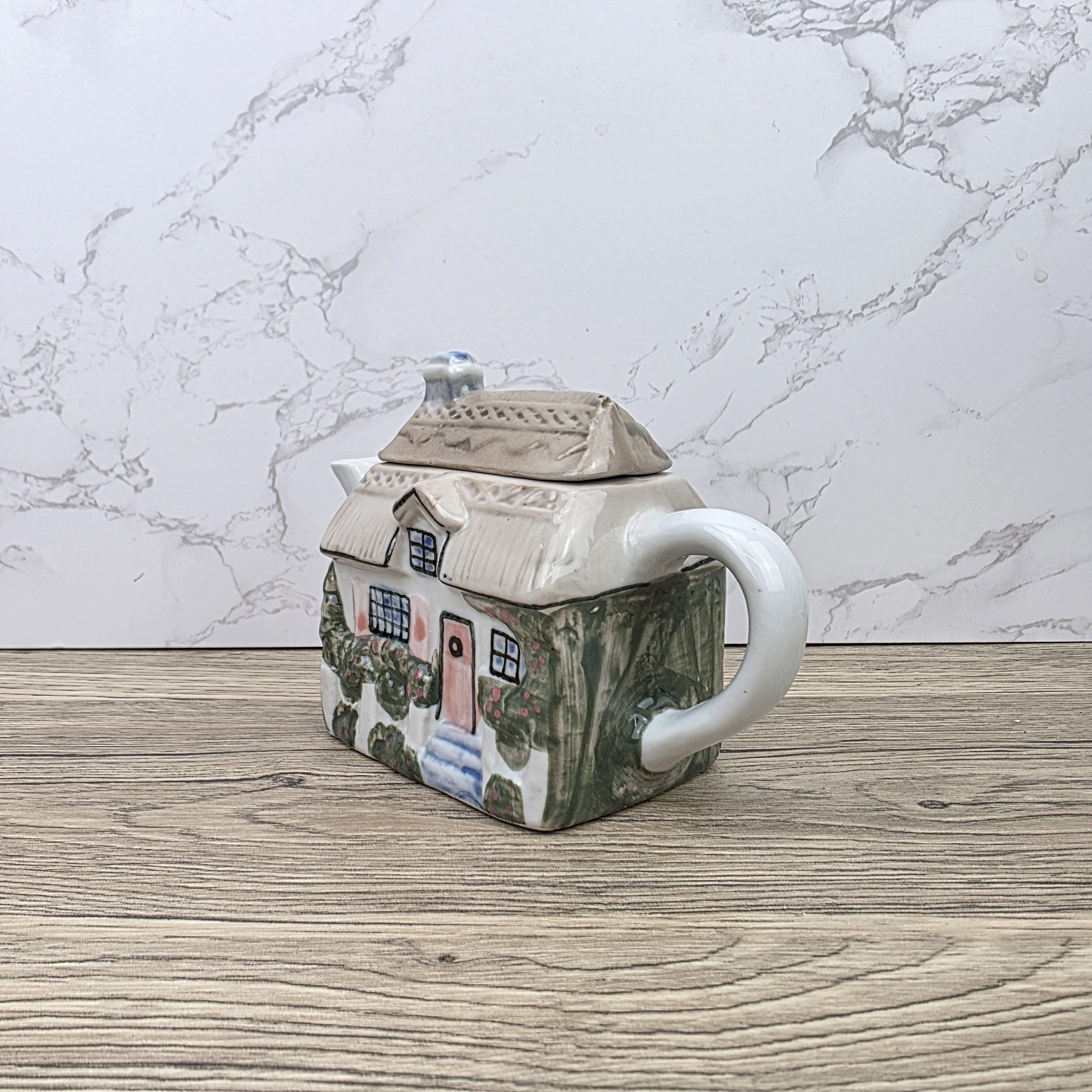 Antique Cottage House Teapot Hand Painted Ceramic Folk Art Novelty English Country Tableware Collectible
