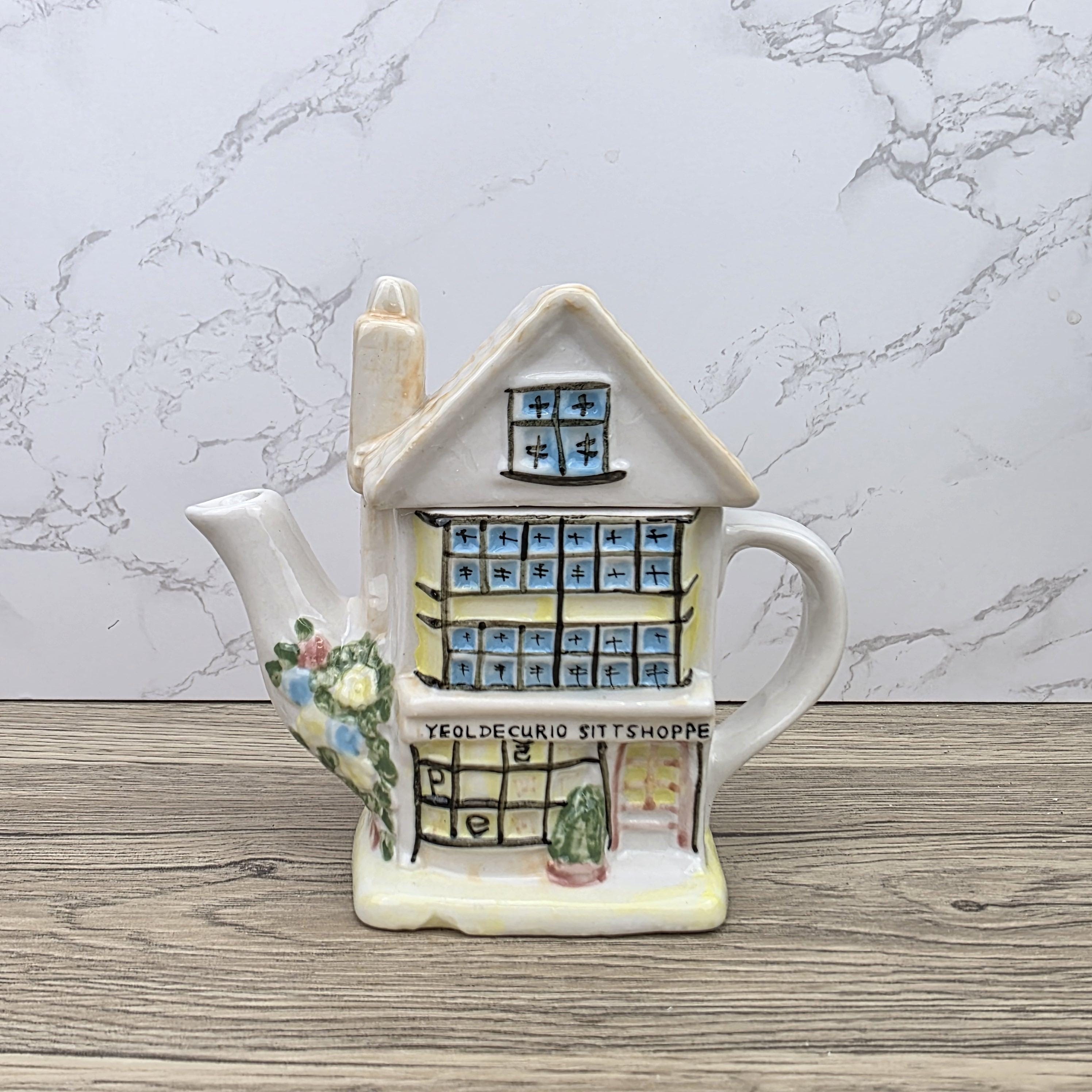 Antique Ye Olde Curio House Teapot Hand Painted Ceramic Folk Art English Collectible Tableware