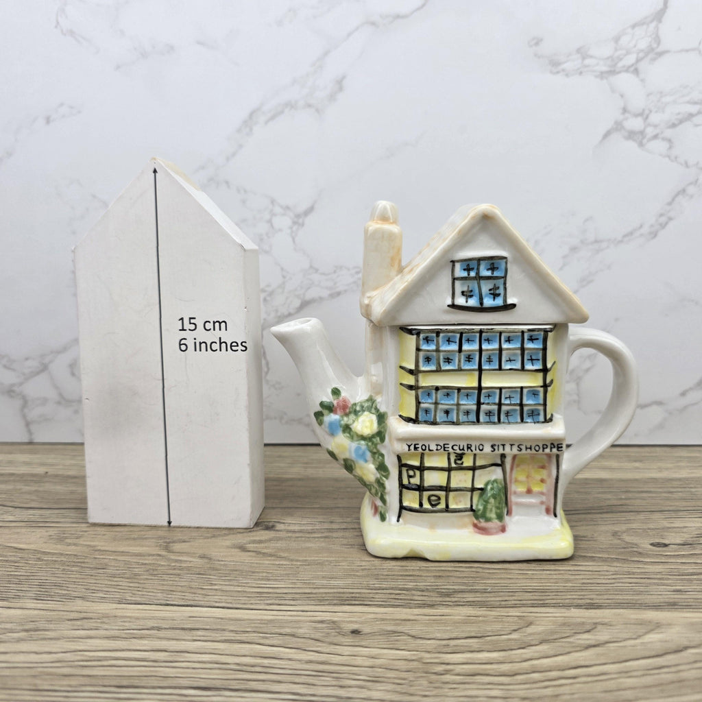 Antique Ye Olde Curio House Teapot Hand Painted Ceramic Folk Art English Collectible Tableware