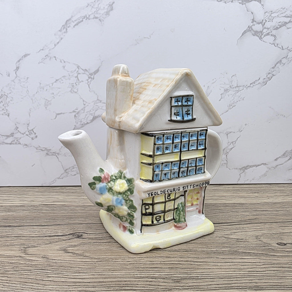 Antique Ye Olde Curio House Teapot Hand Painted Ceramic Folk Art English Collectible Tableware