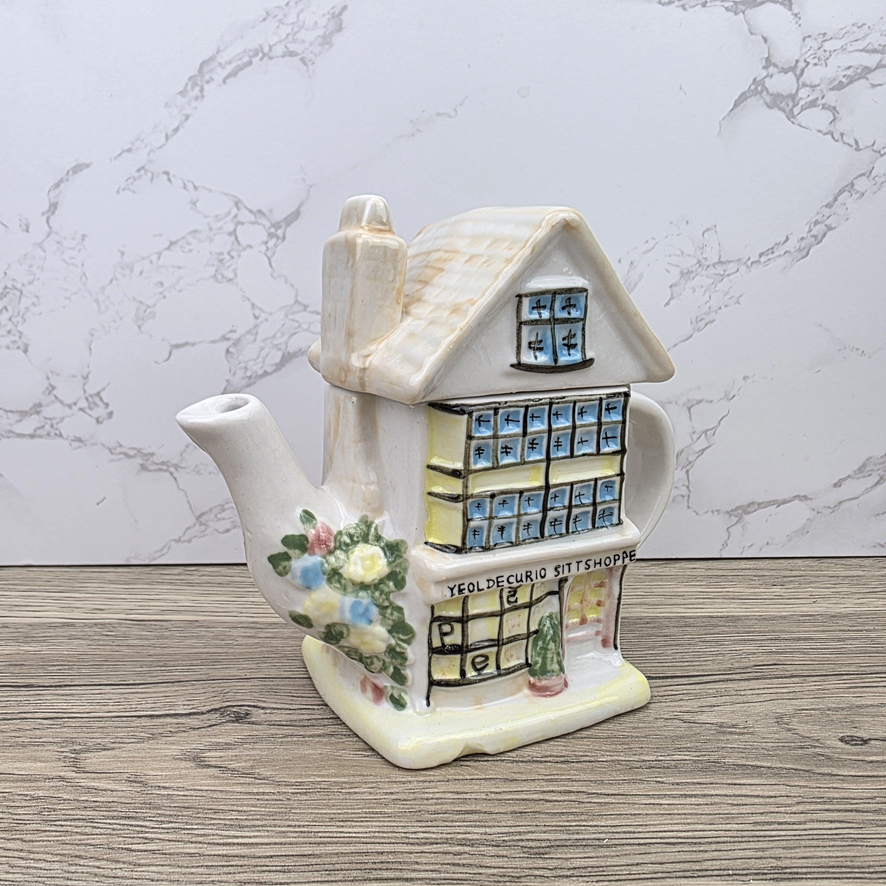 Antique Ye Olde Curio House Teapot Hand Painted Ceramic Folk Art English Collectible Tableware
