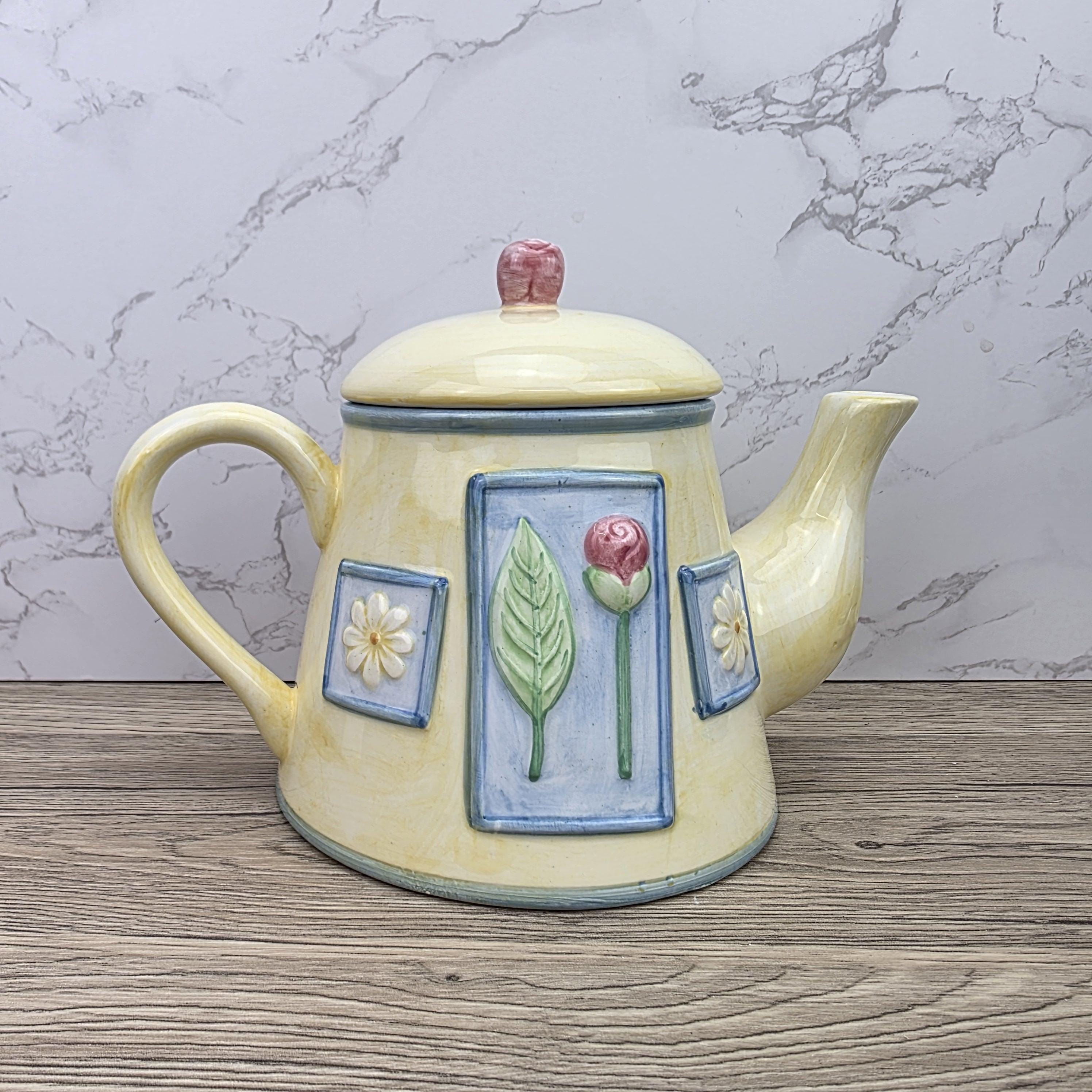 Ceramic Tea Pot Rayware Floral Relief Teapot Yellow Blue Cottage Kitchen Decor Collectible Teaware