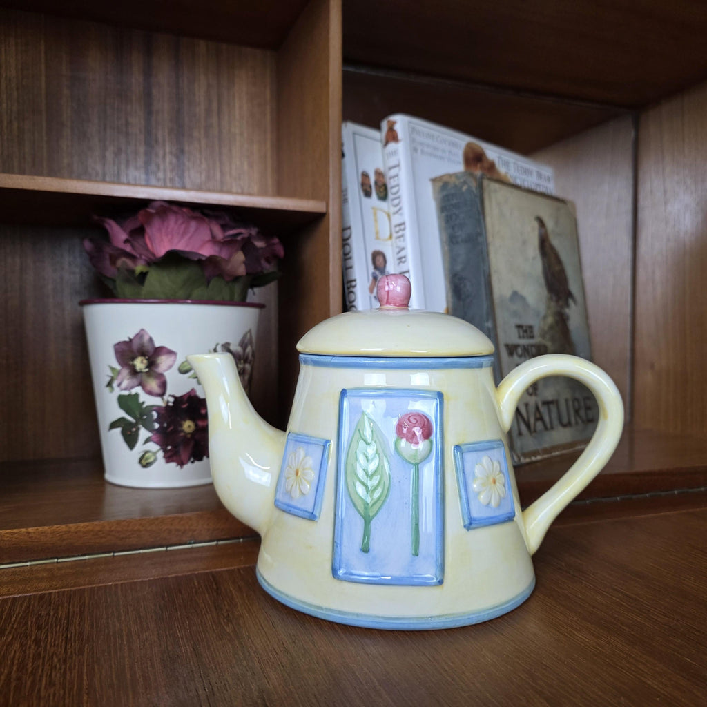 Ceramic Tea Pot Rayware Floral Relief Teapot Yellow Blue Cottage Kitchen Decor Collectible Teaware