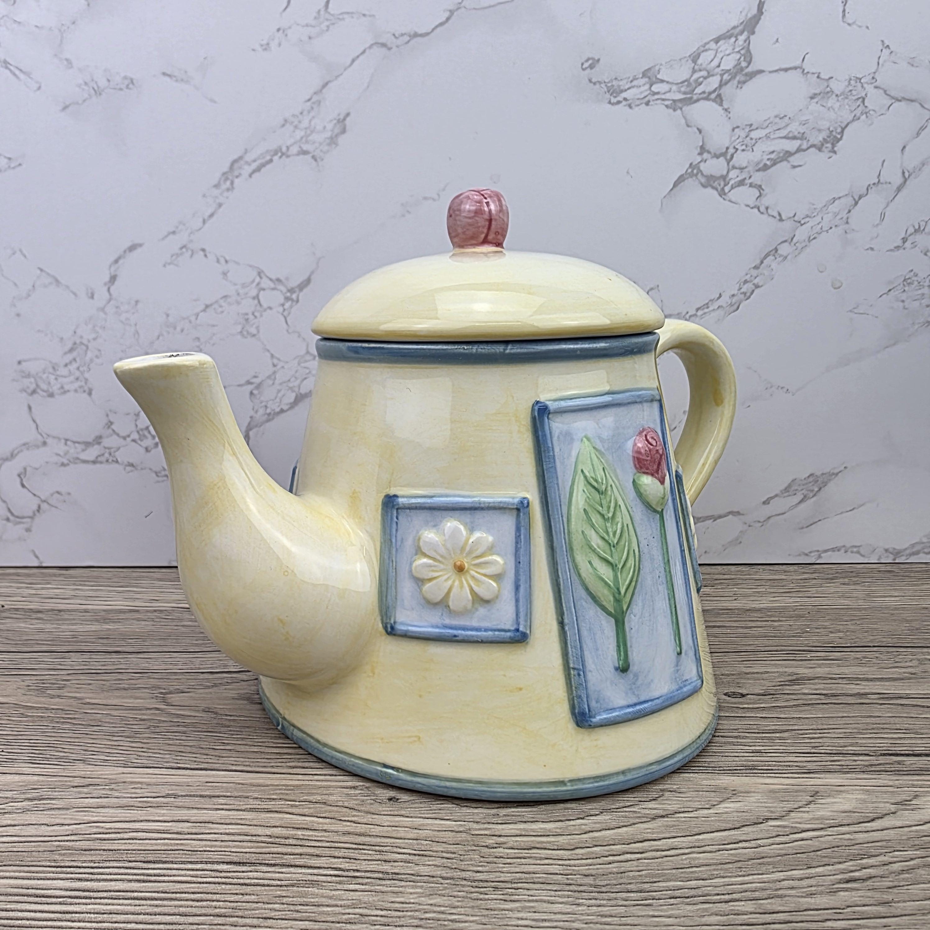 Ceramic Tea Pot Rayware Floral Relief Teapot Yellow Blue Cottage Kitchen Decor Collectible Teaware