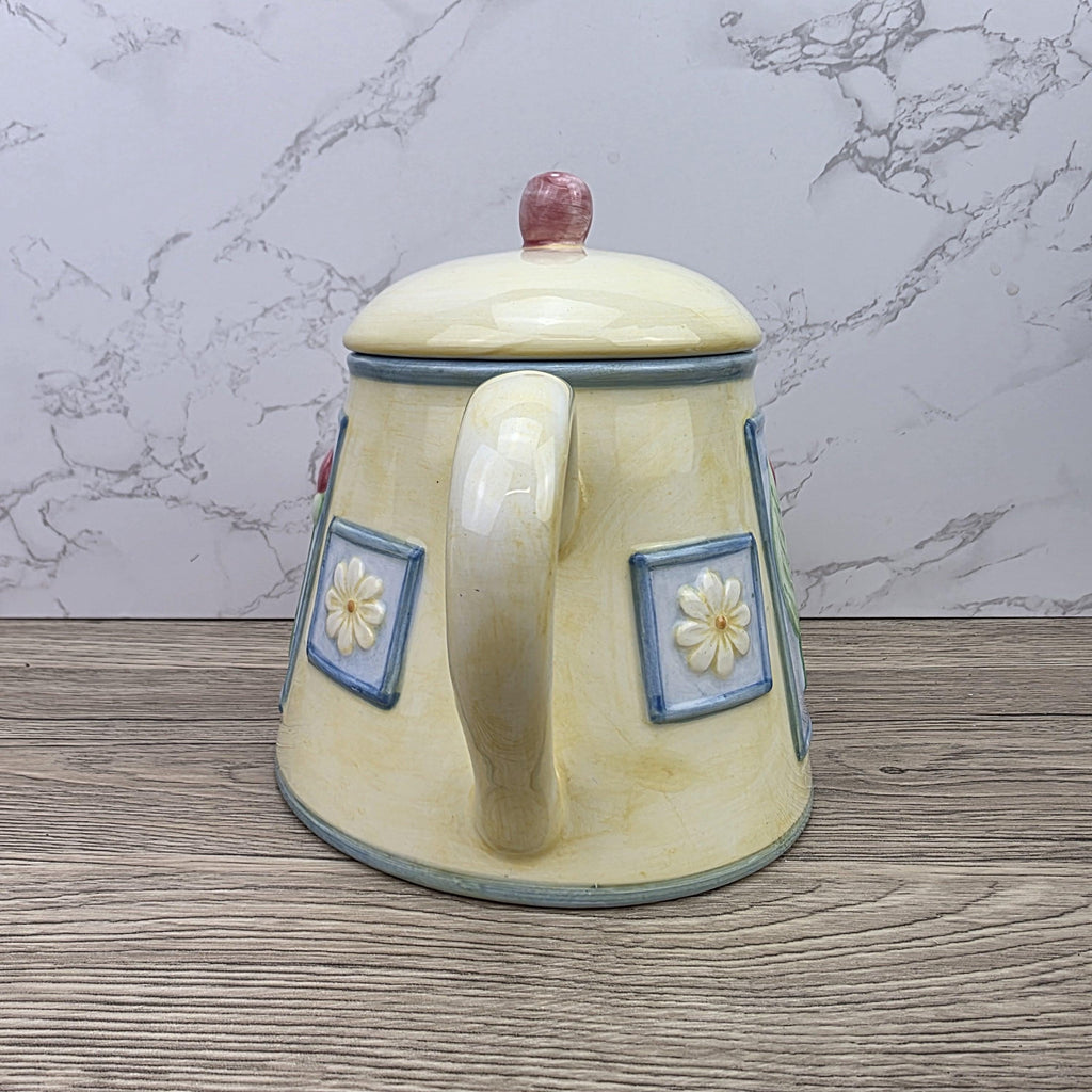 Ceramic Tea Pot Rayware Floral Relief Teapot Yellow Blue Cottage Kitchen Decor Collectible Teaware
