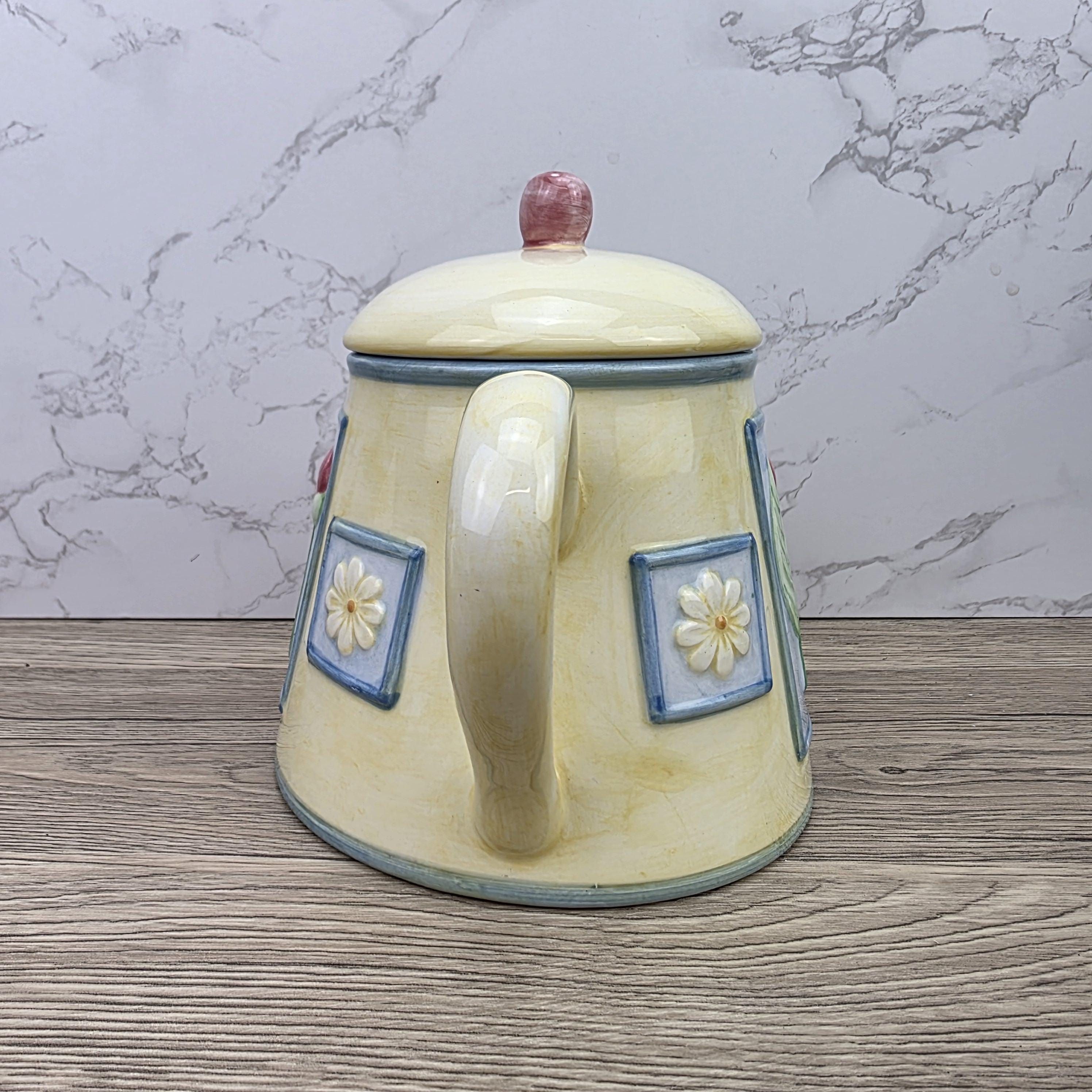 Ceramic Tea Pot Rayware Floral Relief Teapot Yellow Blue Cottage Kitchen Decor Collectible Teaware