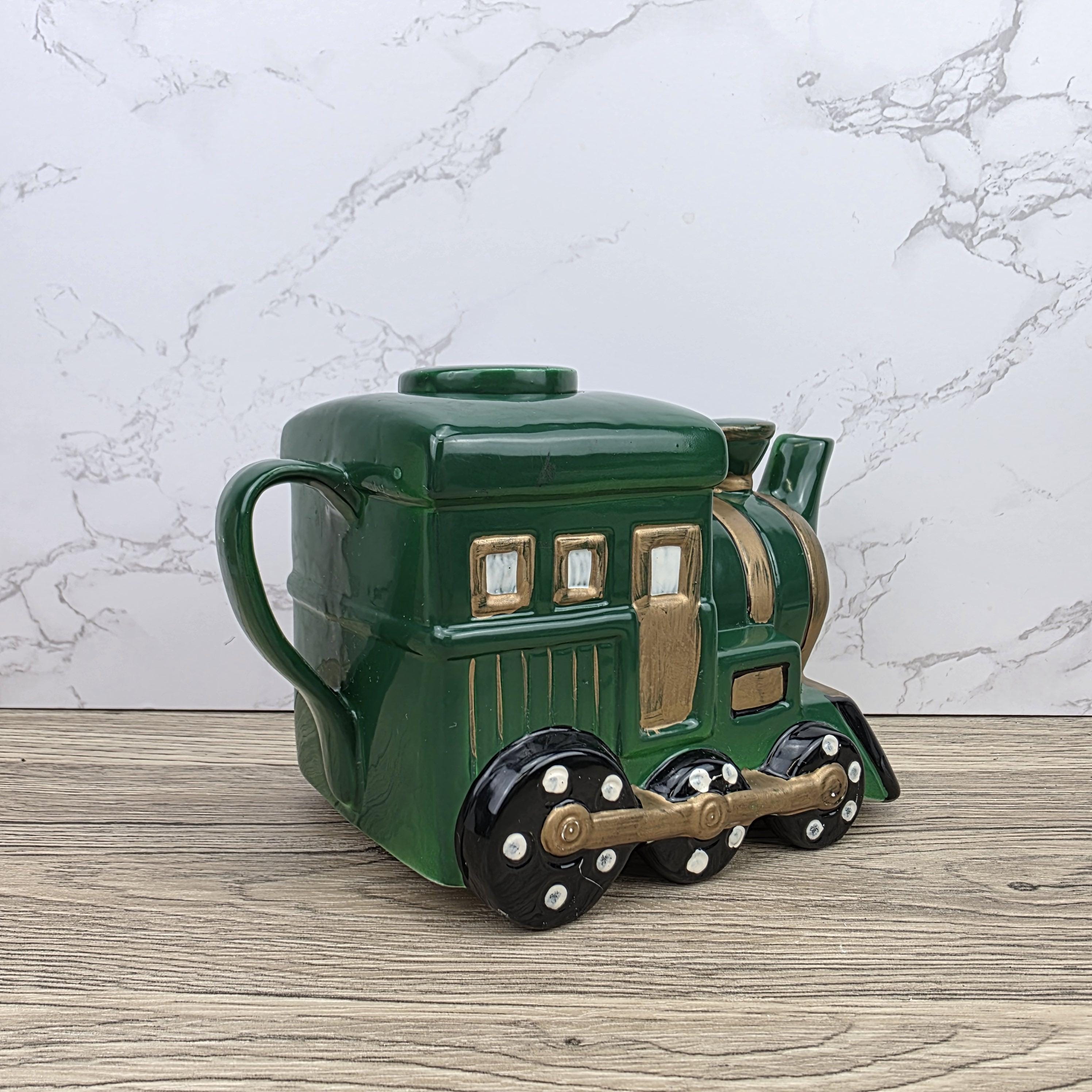 Locomotive Train Teapot Ceramic Novelty Kitchen Decor | Green Steam Engine Style | Hand Painted Details