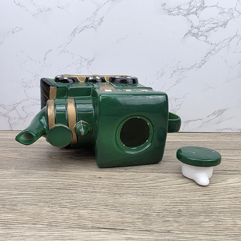 Locomotive Train Teapot Ceramic Novelty Kitchen Decor | Green Steam Engine Style | Hand Painted Details