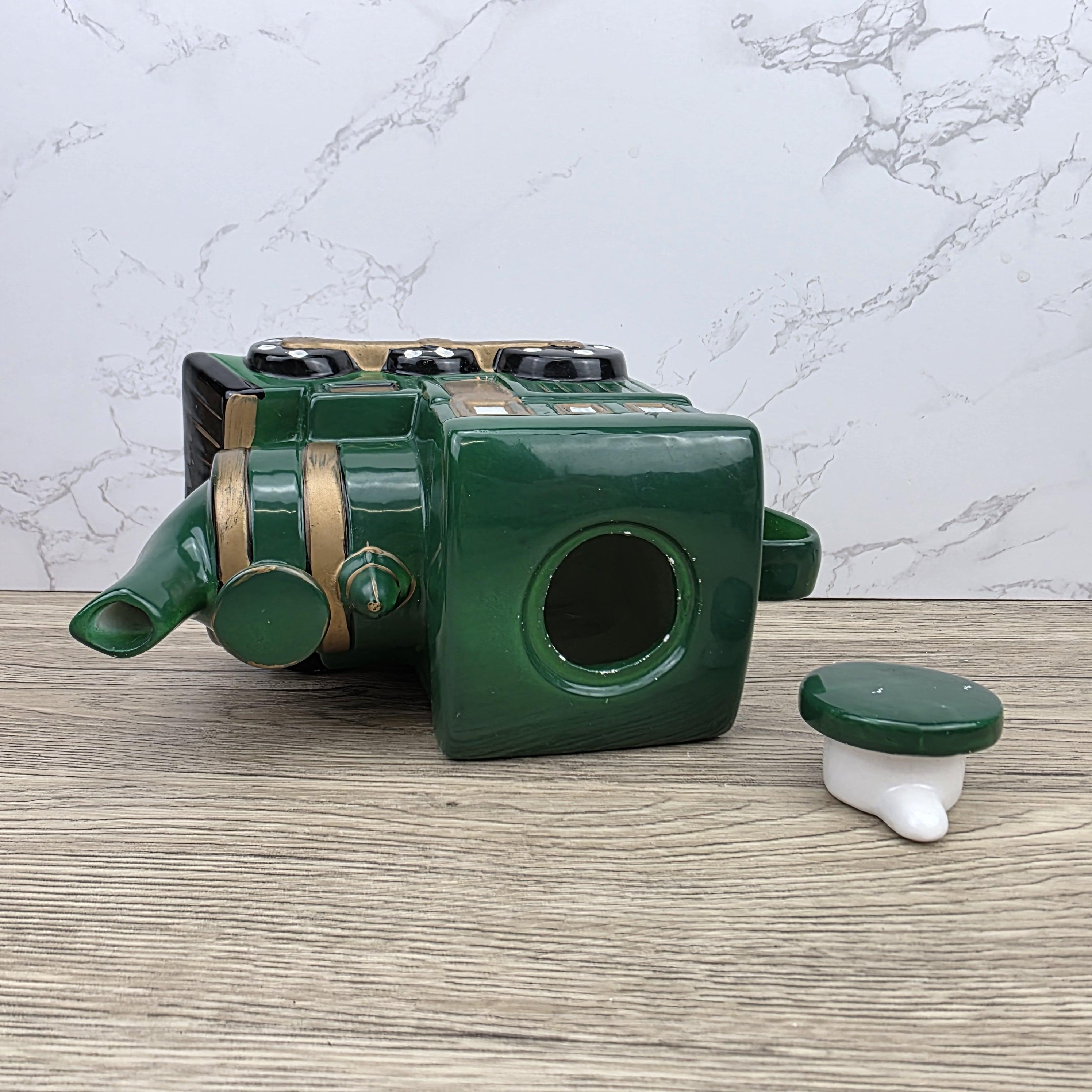 Locomotive Train Teapot Ceramic Novelty Kitchen Decor | Green Steam Engine Style | Hand Painted Details