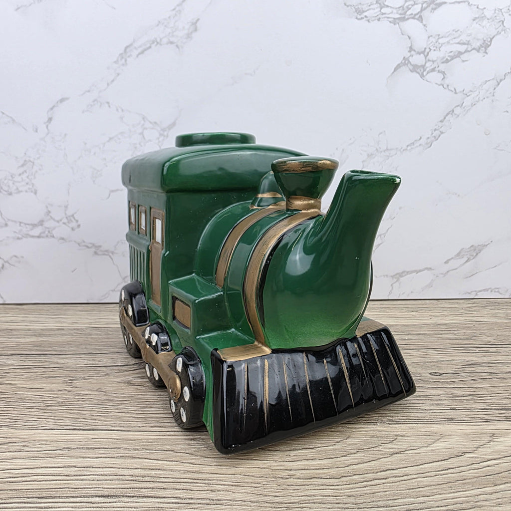 Locomotive Train Teapot Ceramic Novelty Kitchen Decor | Green Steam Engine Style | Hand Painted Details