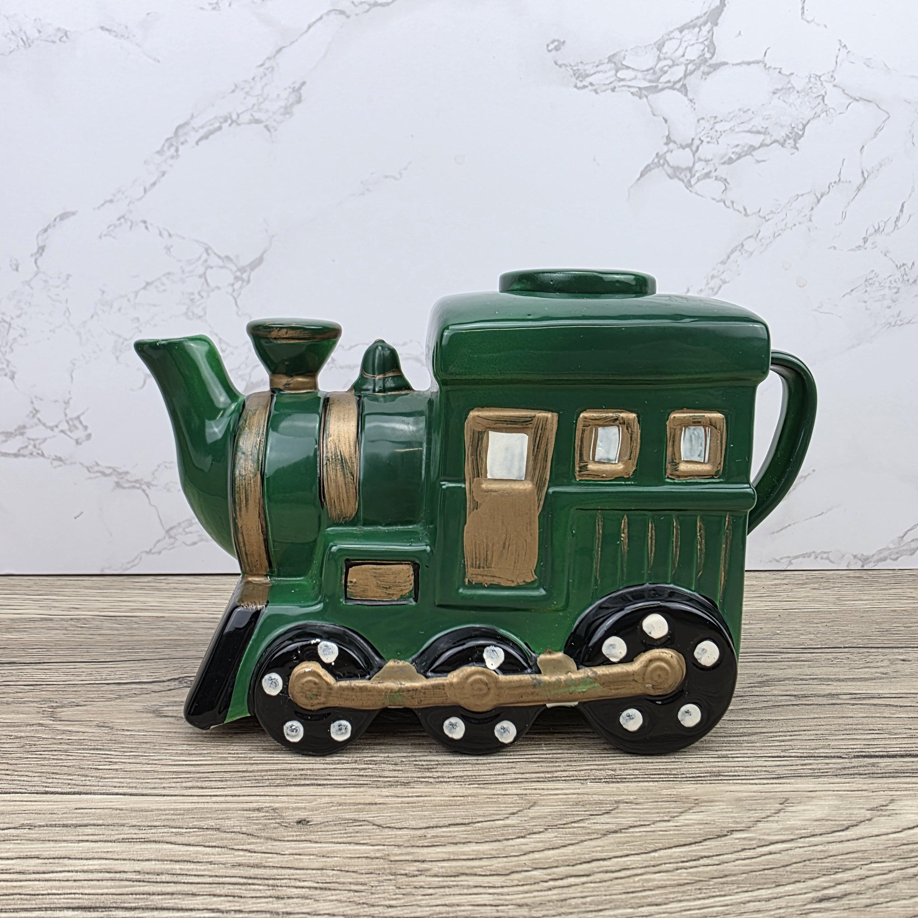 Locomotive Train Teapot Ceramic Novelty Kitchen Decor | Green Steam Engine Style | Hand Painted Details