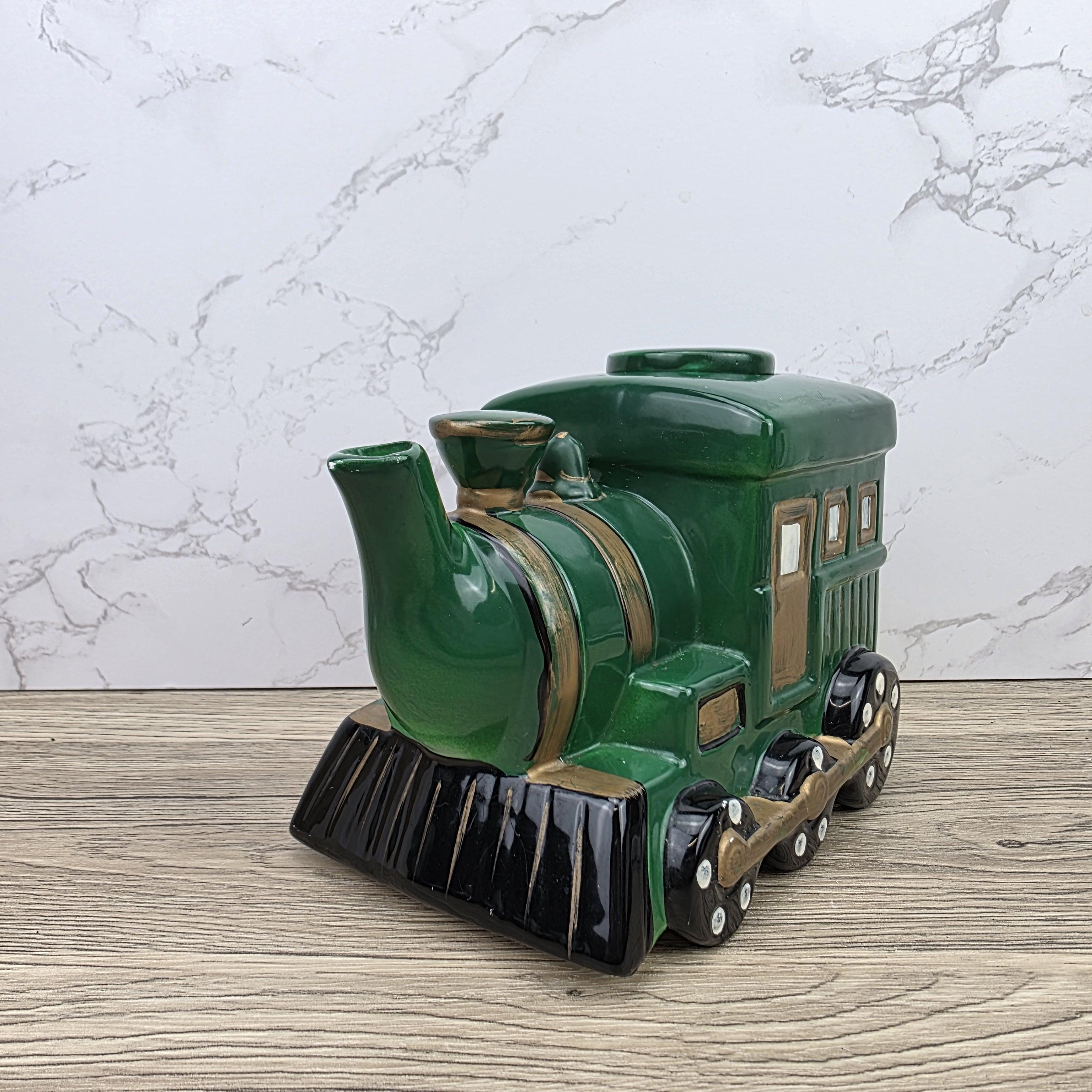 Locomotive Train Teapot Ceramic Novelty Kitchen Decor | Green Steam Engine Style | Hand Painted Details
